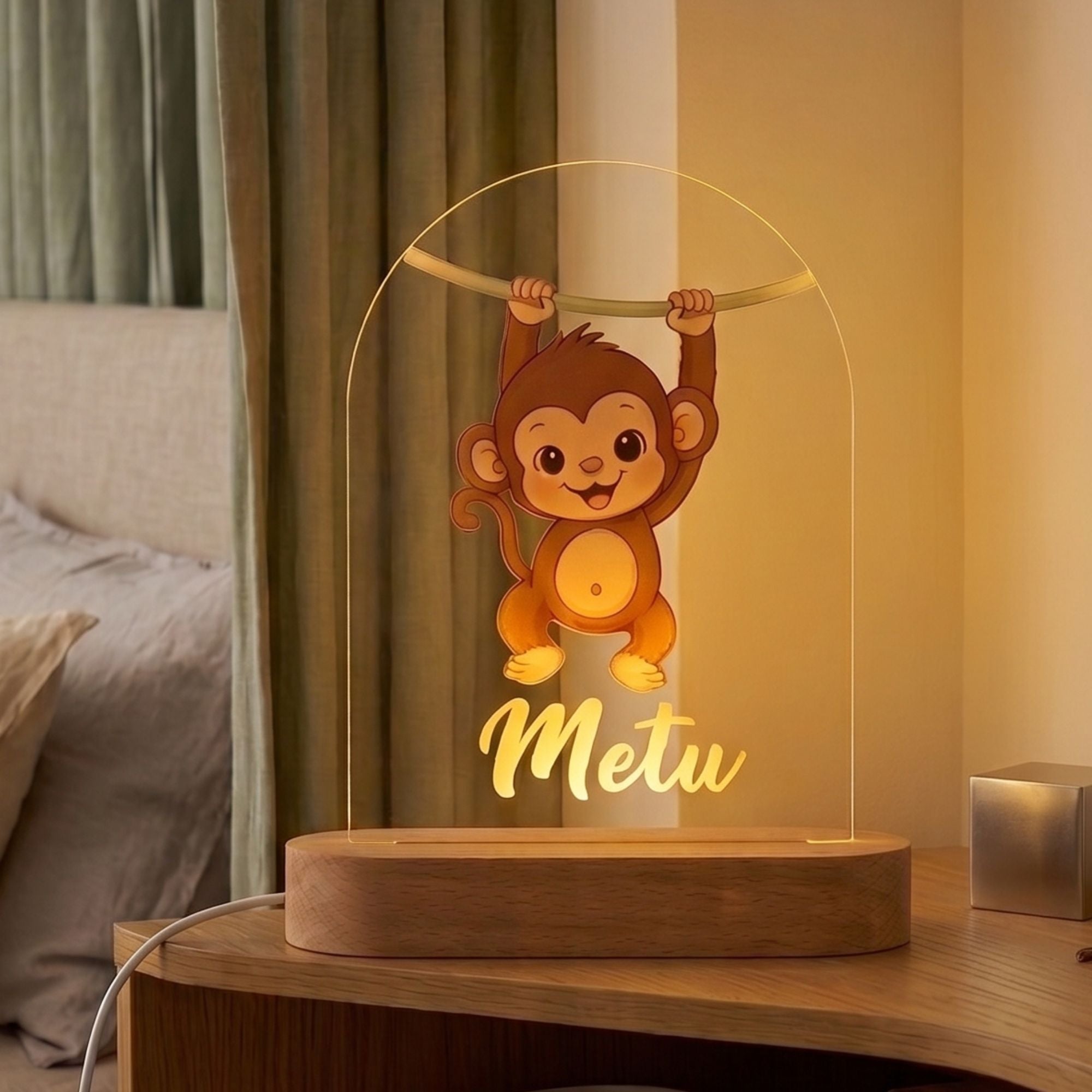 Shayona Gift Shop-Custom Name Kids Night Light - Personalized Cute Monkey LED Acrylic Lamp with Wooden Base, Warm White Cartoon Nursery Light, Unique Birthday & New Born Baby Gift