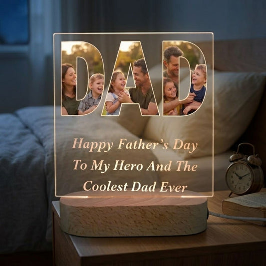 Shayona Gift Shop-Personalized Father's Day Photo Acrylic LED Lamp | Custom Dad Picture Night Light with Wooden Base | Happy Father's Day Gift for Dad, Papa, Daddy | Personalized Family Photo Desk Lamp