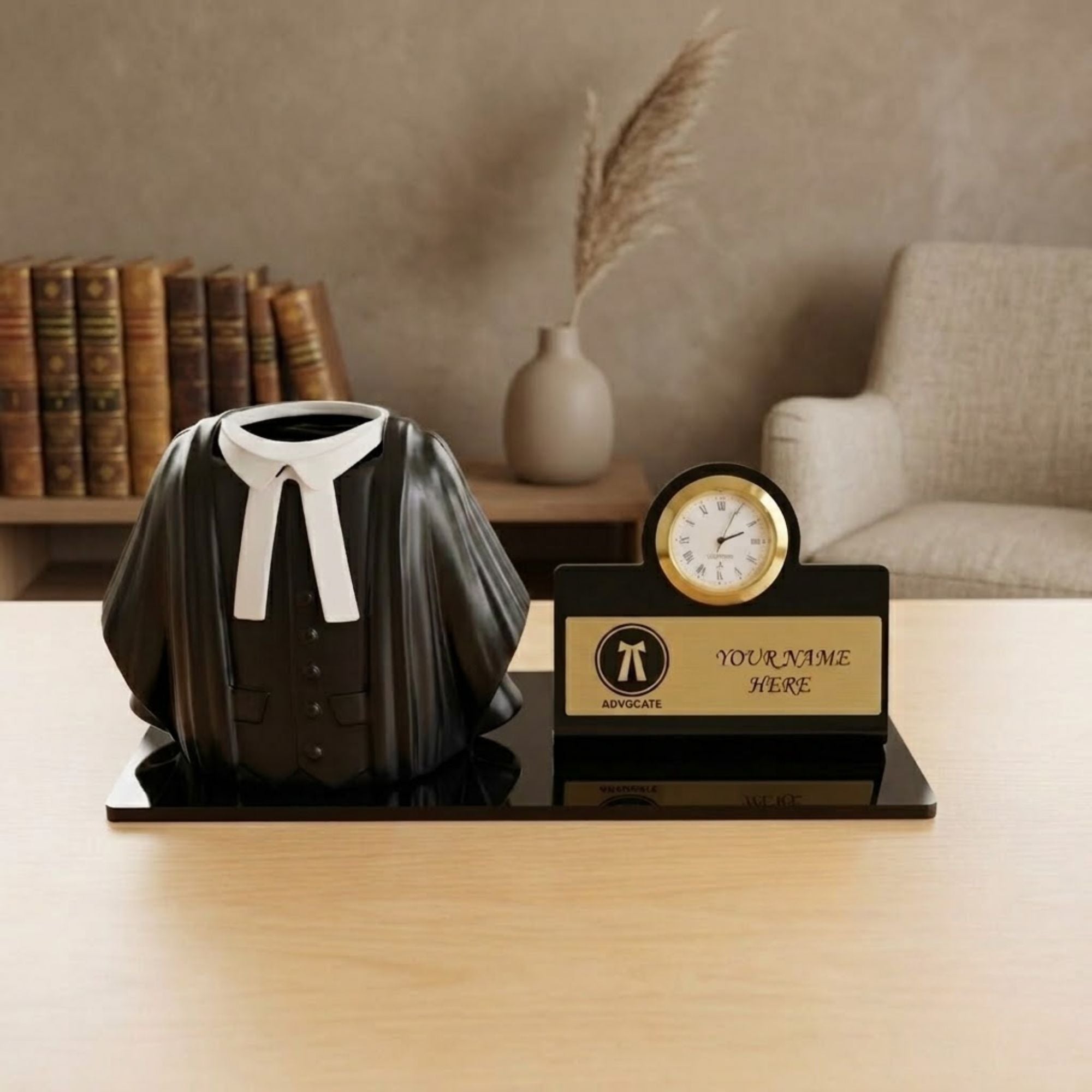 Shayona Gift Shop-Personalized Advocate Desk Name Plate with Clock & Gown Pen Holder Black Color| Custom Lawyer Office Table Nameplate | Unique Gift for Advocates & Legal Professionals