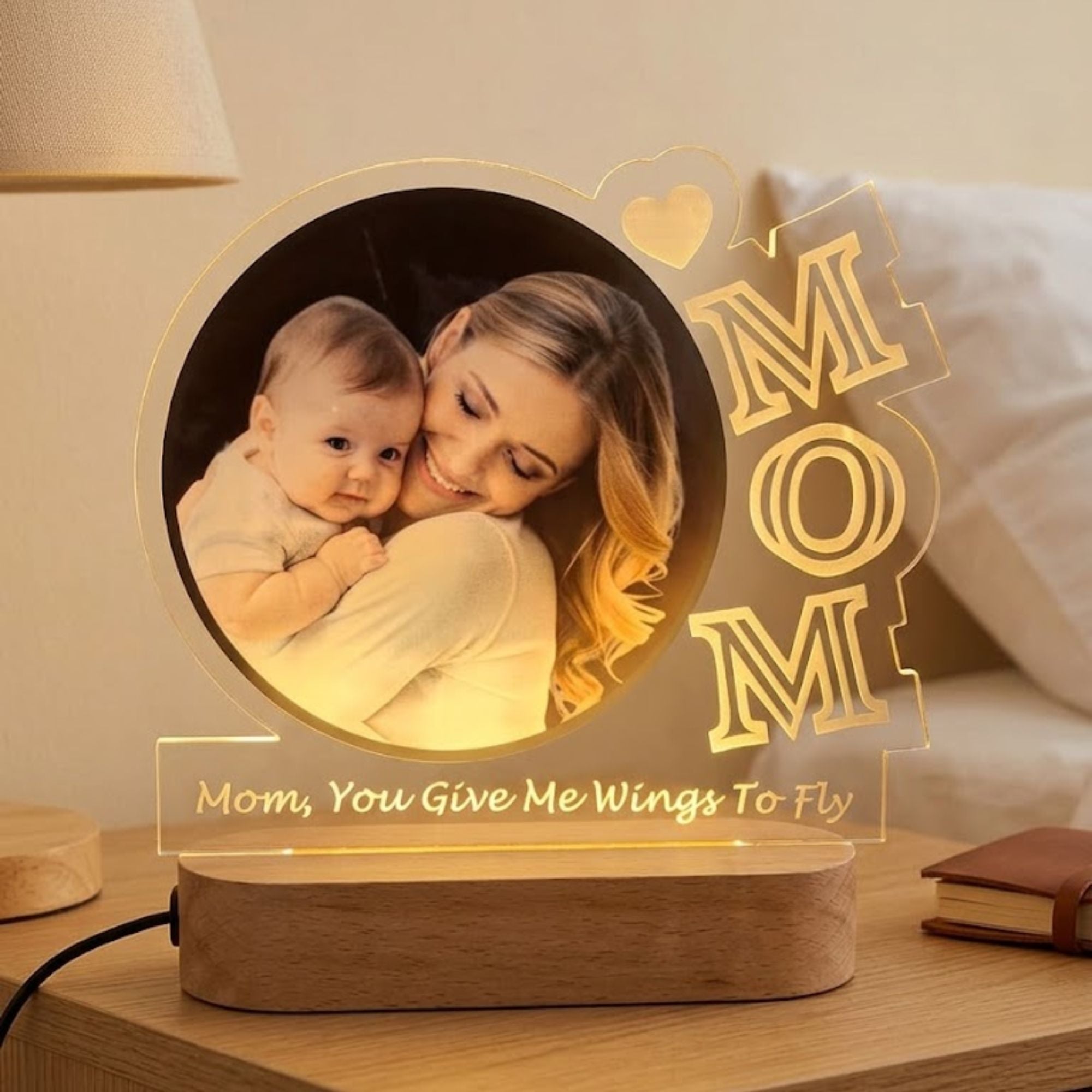 Shayona Gift Shop-Custom Mom Photo LED Lamp with Wood Base | Personalized Mother's Day Gift from Child | Engraved Keepsake