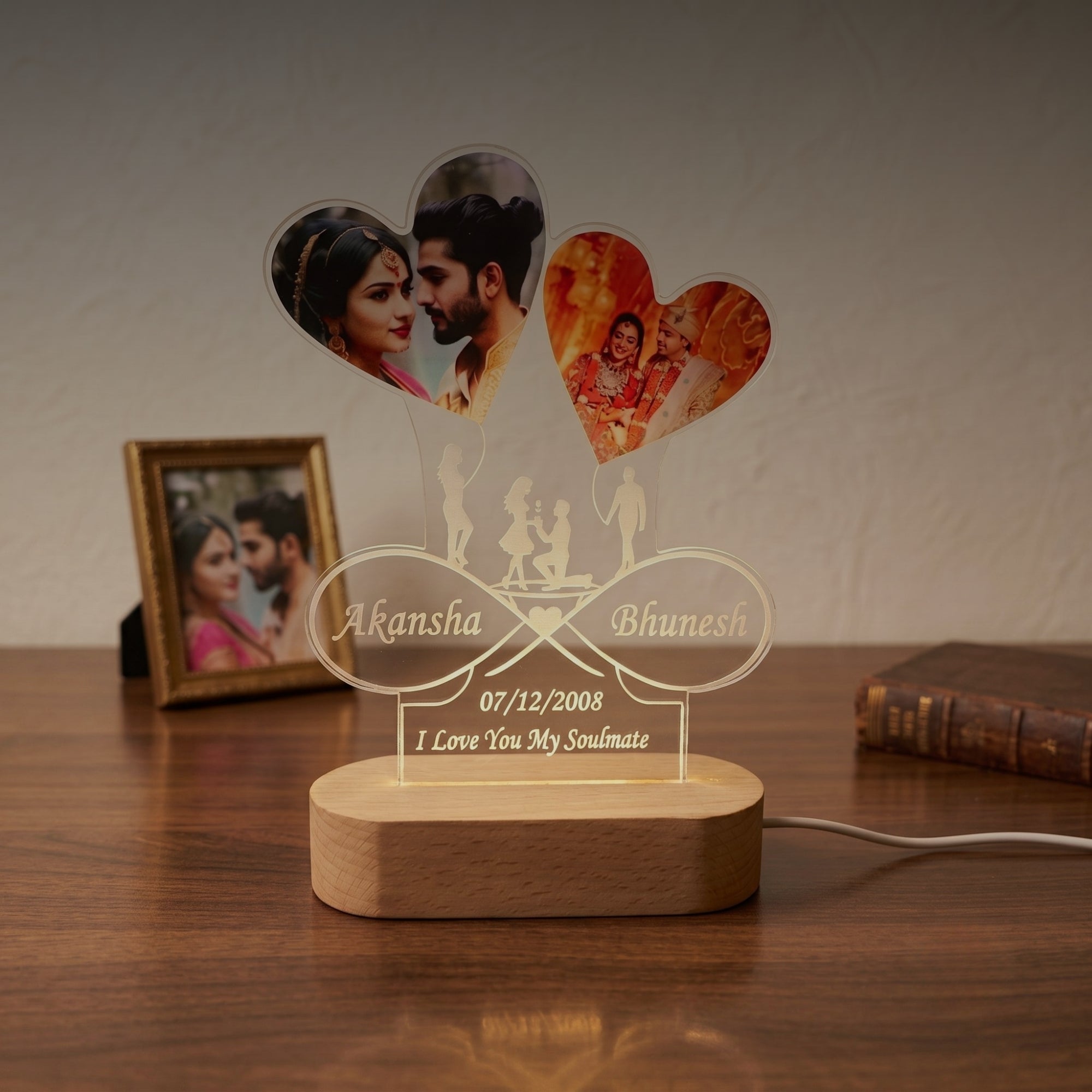 Shayona Gift Shop-Personalized Dual Heart Photo Acrylic LED Lamp | Custom Couple Infinity Name & Anniversary Date Desk Light with Wooden Base | Romantic Gift for Valentine's Day, Anniversary & Wedding