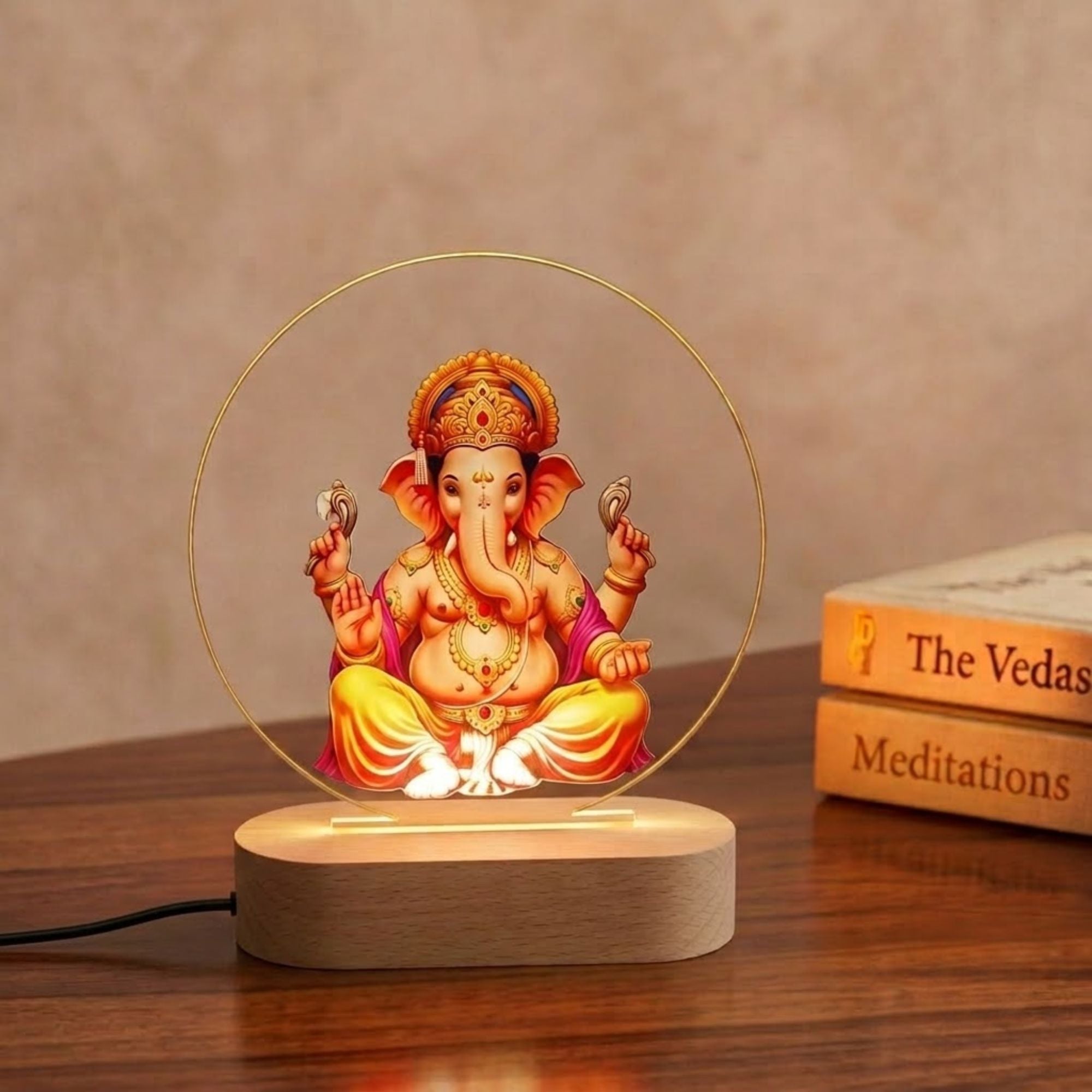 Divine Lord Ganesha 3D Illusion LED Lamp | Colorful Acrylic Night Light with Wooden Base