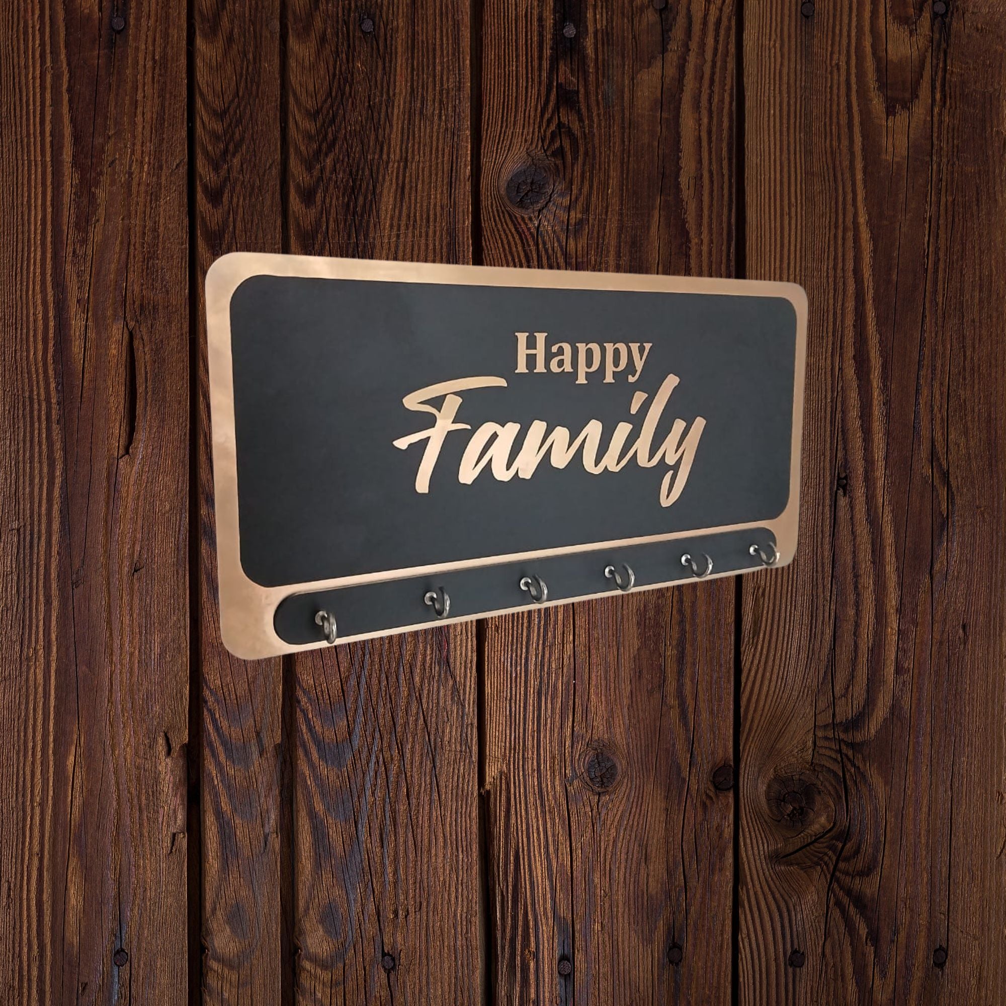 Shayona Happy Family Wooden Name Plate with Key Holder – 6 Hooks Wall Mounted Organizer for Home Entrance, Living Room & Office Décor"