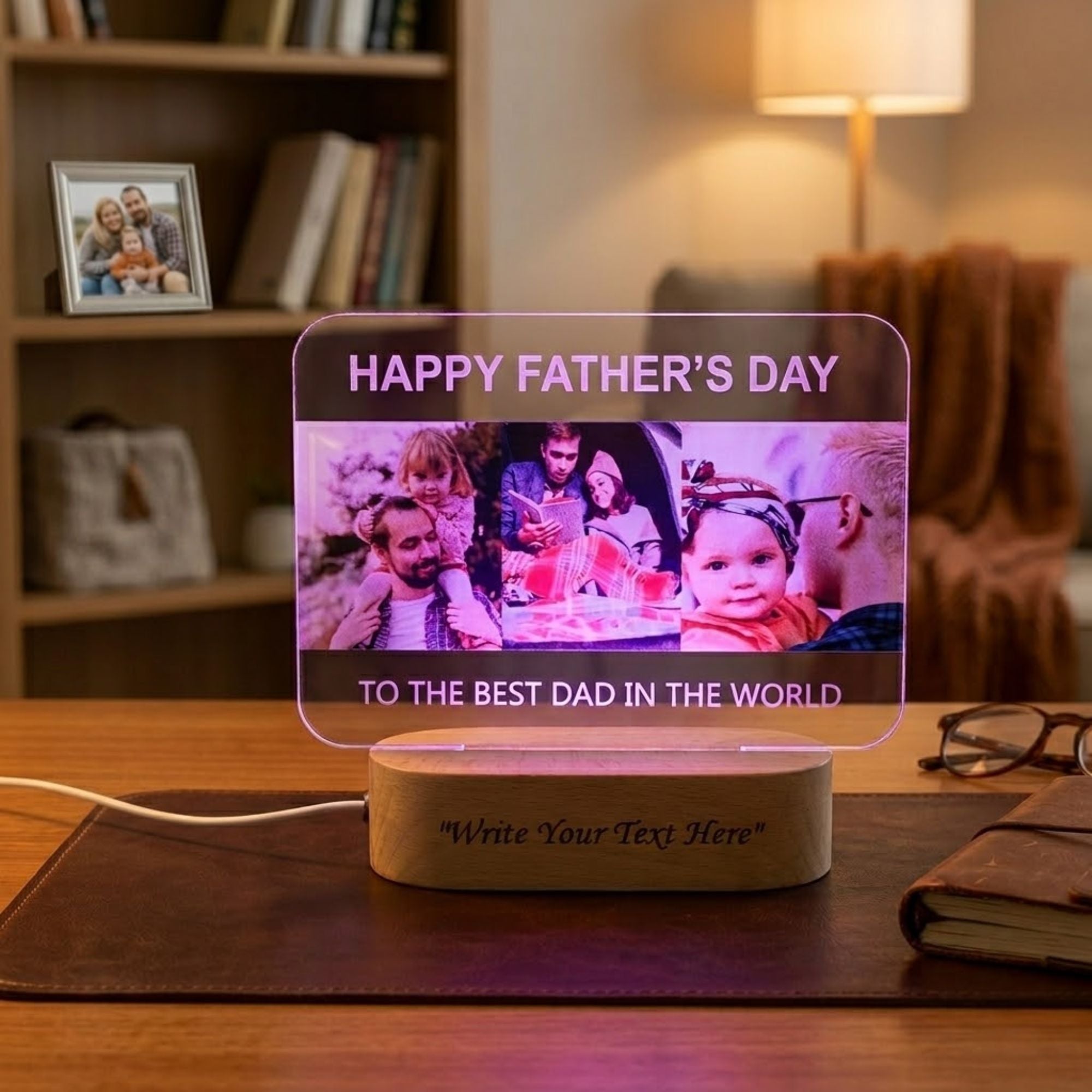 Shayona Gift Shop-Personalized Happy Father's Day Photo Acrylic LED Lamp with Wooden Base – Custom "To The Best Dad In The World" Light Plaque for Father's Day, Birthday & Desk Decor
