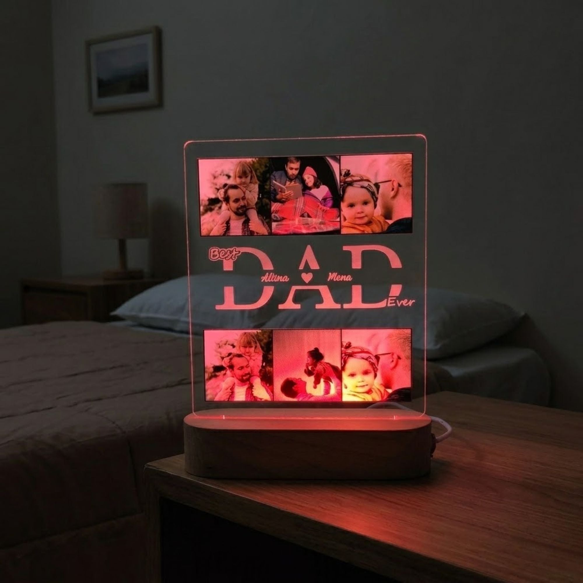 Shayona Gift Shop-Personalized Dad Photo Acrylic LED Lamp with Wooden Base – Customized Best Dad Ever Acrylic Light Plaque Frame for Father's Day, Birthday & Home Decor