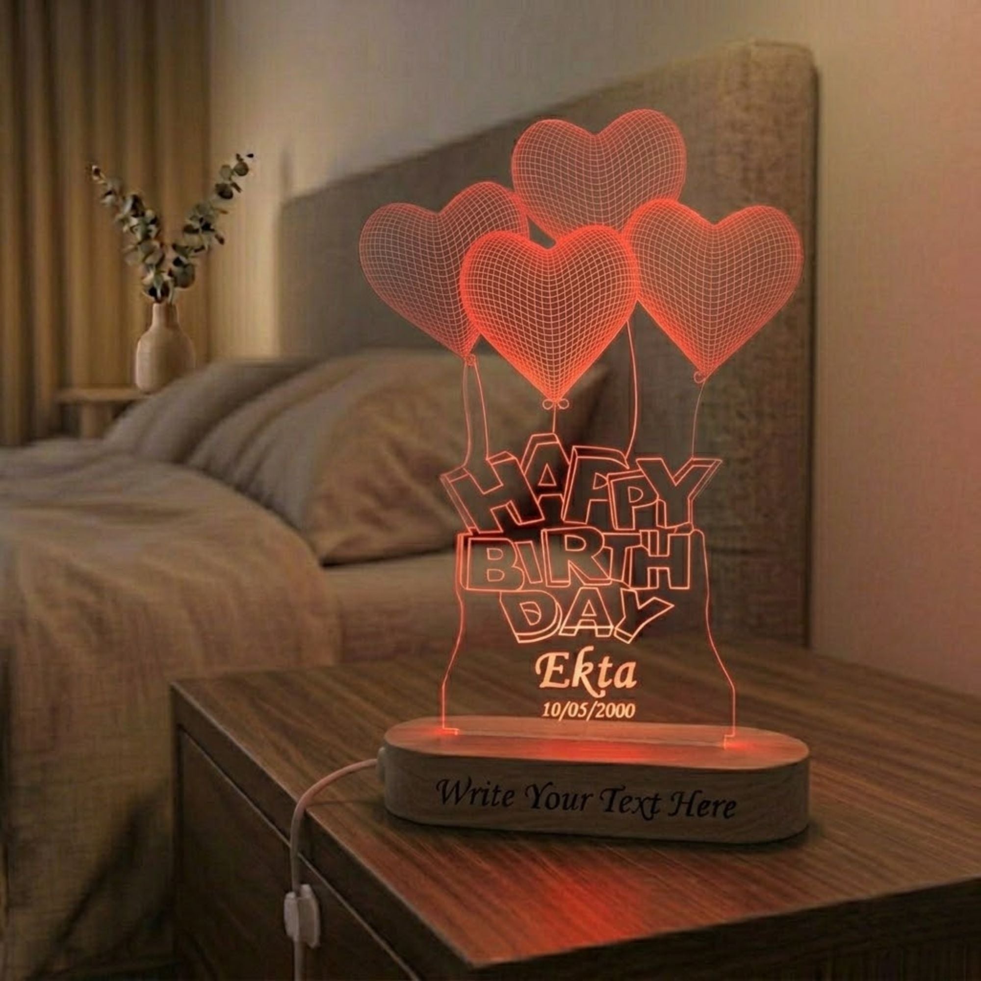 SHAYONA 3D Illusion Table LED lamp | Heart Shape Customized Name Lamp for Birthday,for brother,sister,wife,husband Best Gift for Anyone- Wooden Base muticolor Light. Size : 9x6 inch