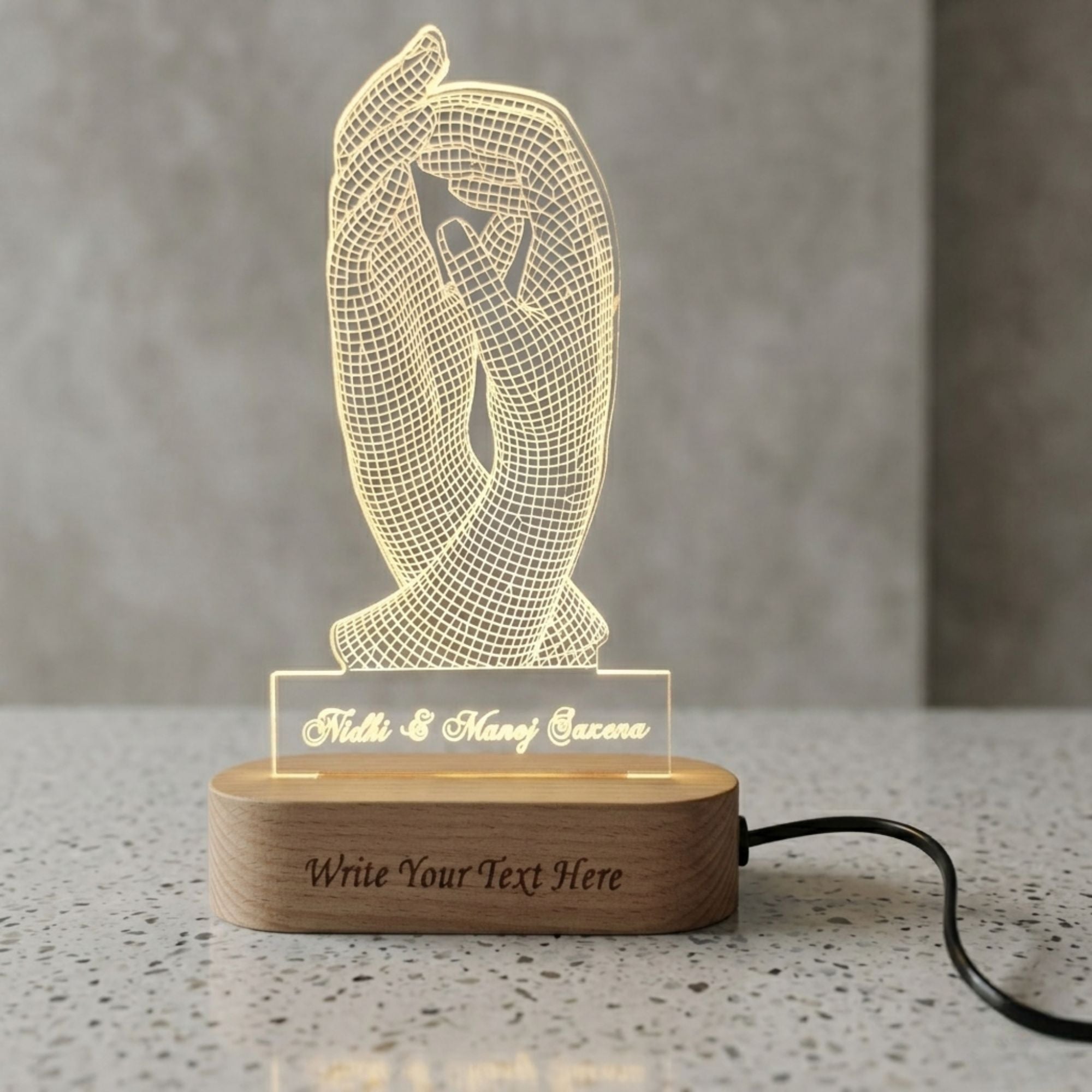 Shayona Gift Shop-Personalized Holding Hands 3D Acrylic LED Night Light – Custom Name Couple Lamp with Engraved Wooden Base, Romantic Anniversary, Wedding & Valentine’s Day Gift