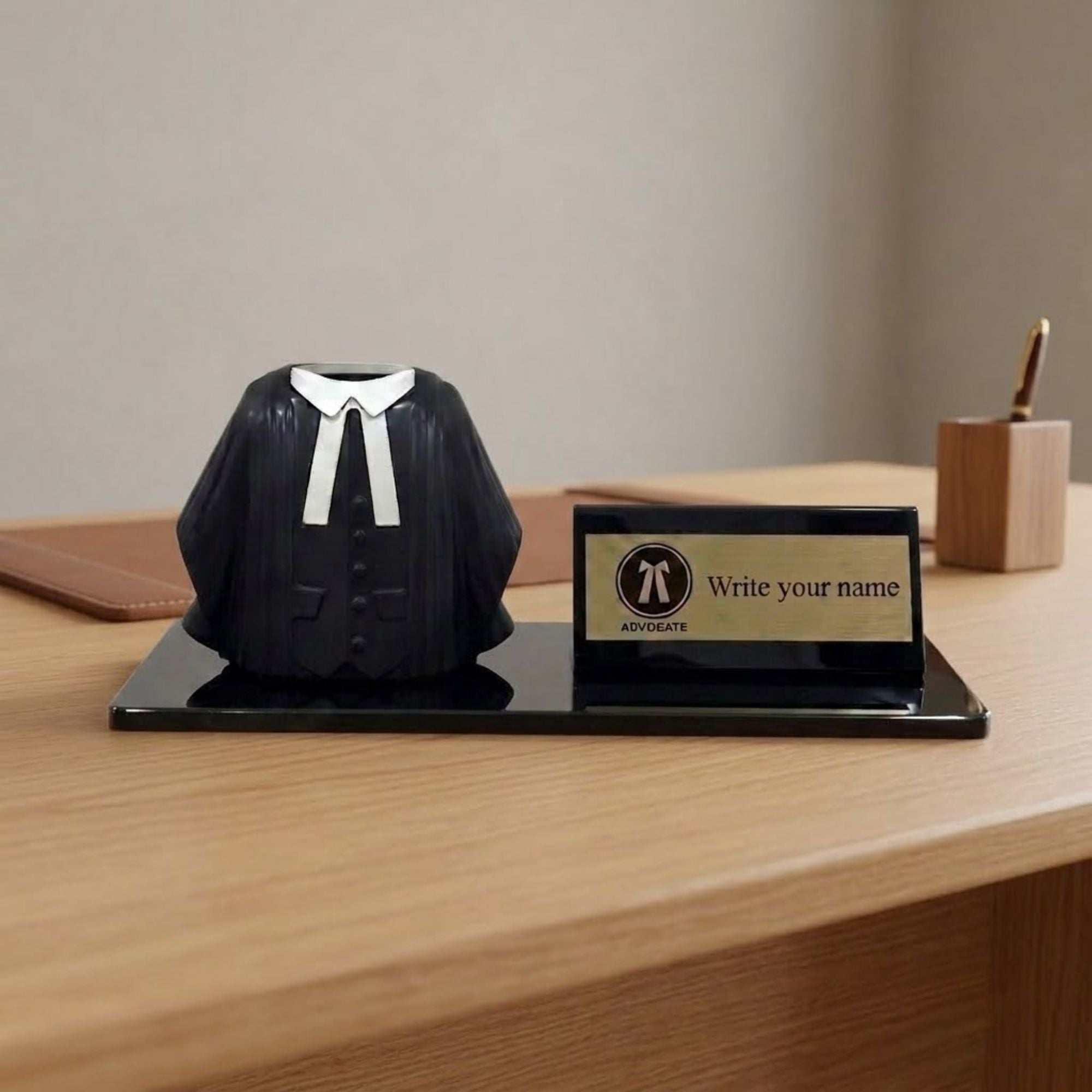 Shayona Gift Shop- Personalized Advocate Desk Name Plate with Lawyer Coat Pen Holder black color | Custom Legal Professional Gift | Advocate Office Desk Organizer
