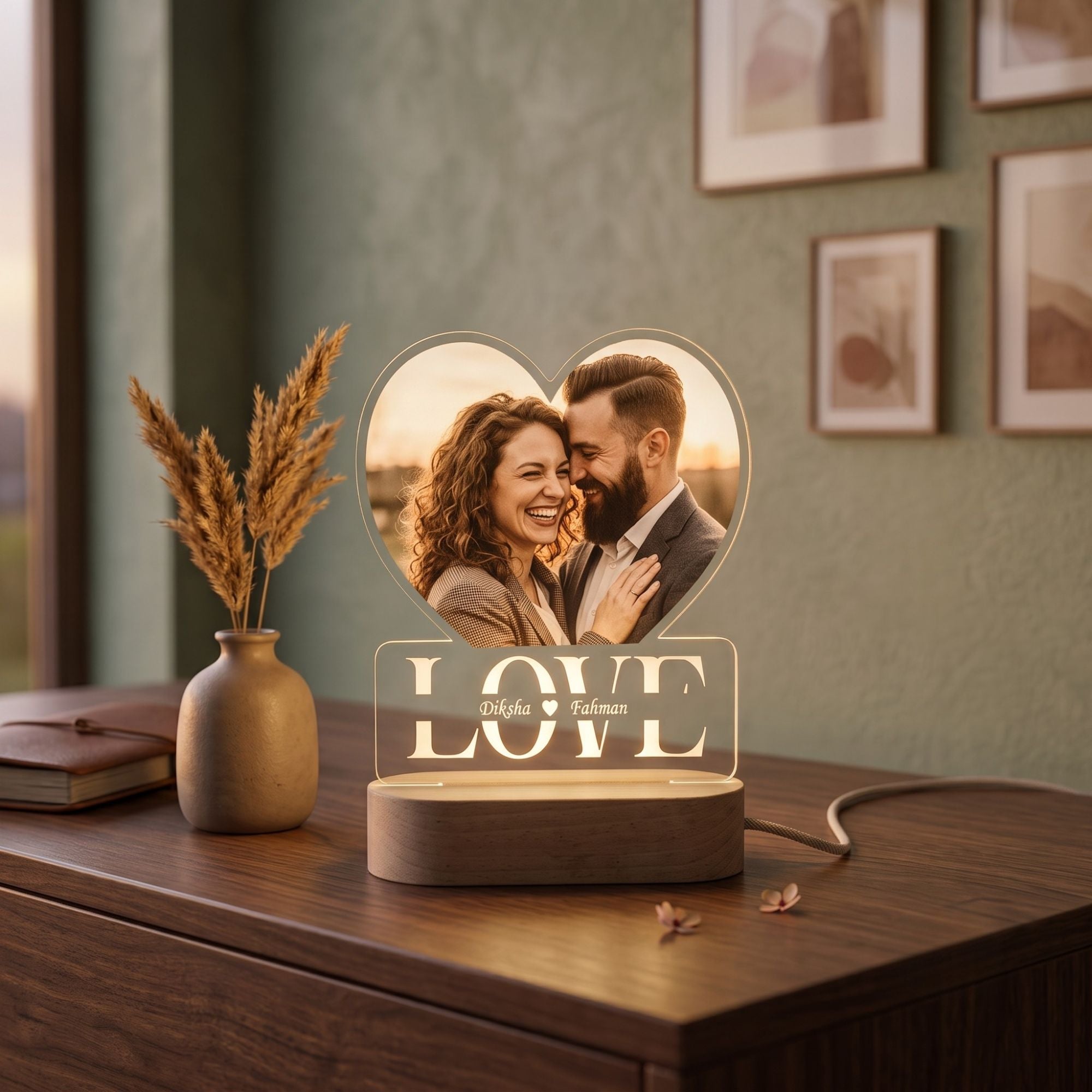 Shayona Gift Shop -Personalized Heart Photo Acrylic LED Light Lamp with Custom Names & Wooden Base – Romantic Gift for Anniversary, Birthday, & Valentine’s Day