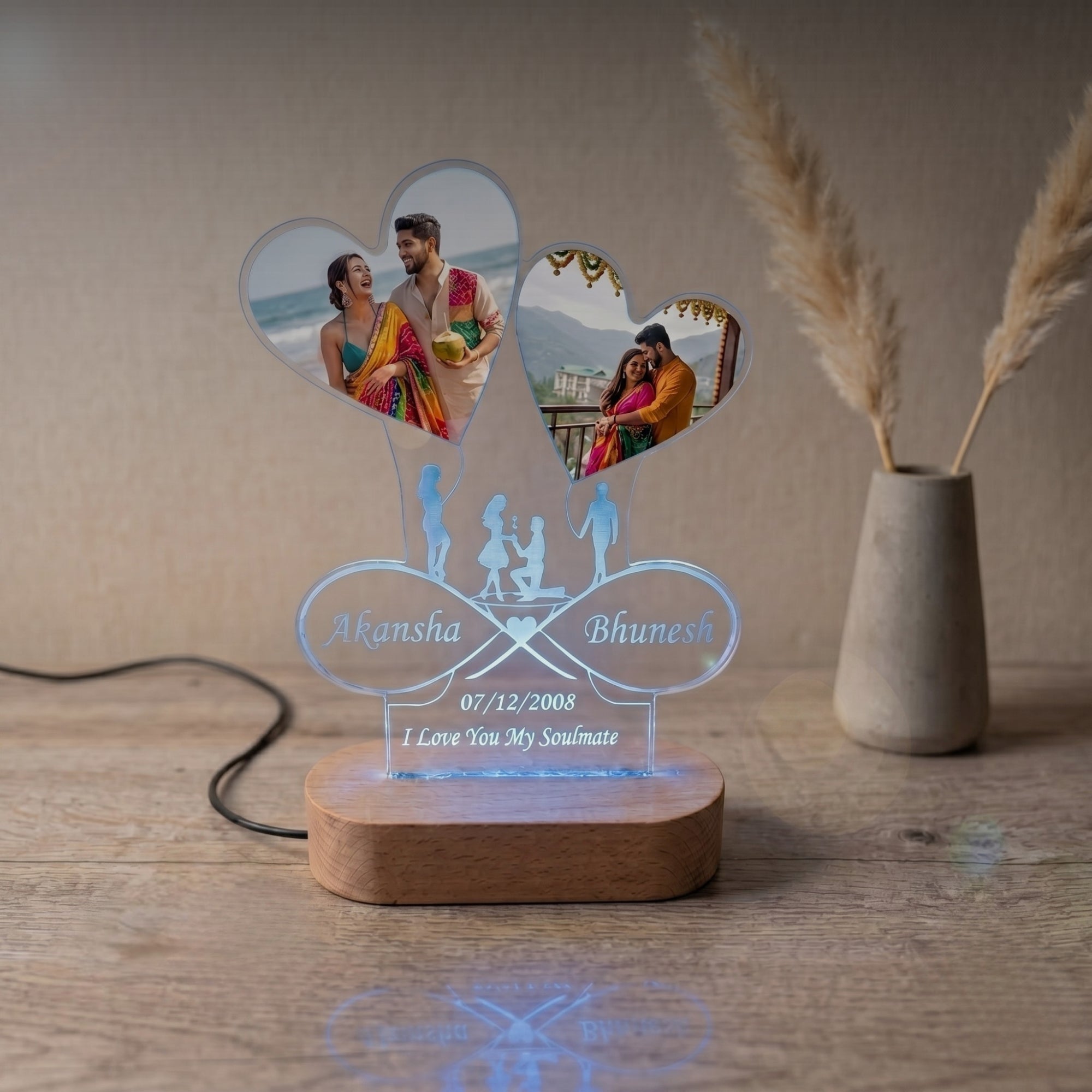 Shayona Gift Shop-Personalized Dual Heart Photo Acrylic LED Lamp | Custom Couple Infinity Name & Anniversary Date Desk Light with Wooden Base | Romantic Gift for Valentine's Day, Anniversary & Wedding