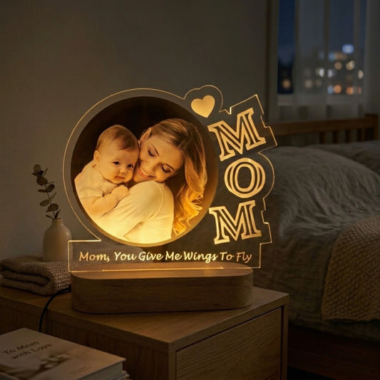 Shayona Gift Shop-Custom Mom Photo LED Lamp with Wood Base | Personalized Mother's Day Gift from Child | Engraved Keepsake