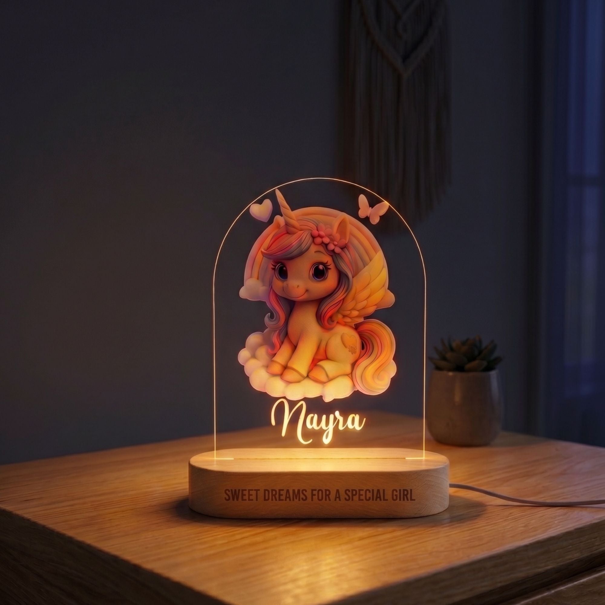 Shayona Goft Shop-Personalized Unicorn LED Night Lamp with Name – Acrylic 3D Illusion Lamp on Wooden Base, Custom Baby Name Light for Kids Bedroom, Nursery Decor, Birthday Gift (Warm Light)