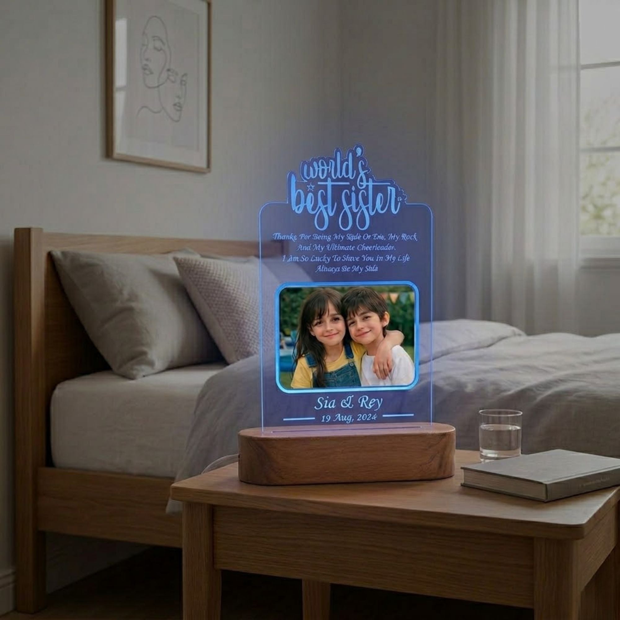 Shayona Gift Shop- Soul Sister Personalized 3D Illusion Led Photo Lamp Multicolor with Remote Control Gift for Sister on Rakshabandhan, Rakhi, Birthday, Sisters day and many other special occasions (28*18 CM) (Dear Sister)