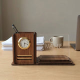Shayon Gift Shop-Personalized LED Name Plate Desk Organizer with Pen Stand and Analog Clock - Premium Wooden Office Accessory & Corporate Gift