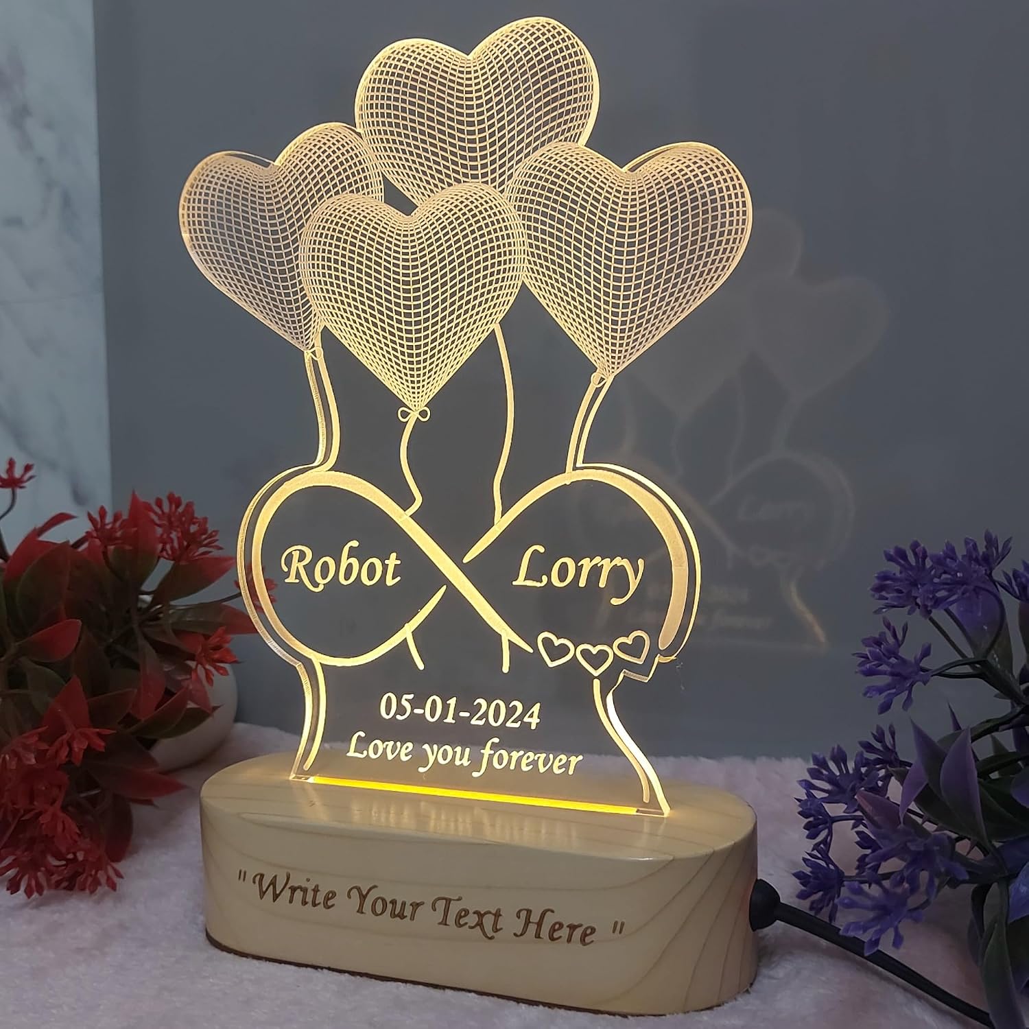 Shayona Gift Shop-Personalized 3D Heart Balloons & Infinity Symbol Acrylic LED Lamp – Custom Couple Names, Date & Wooden Base Engraved Night Light