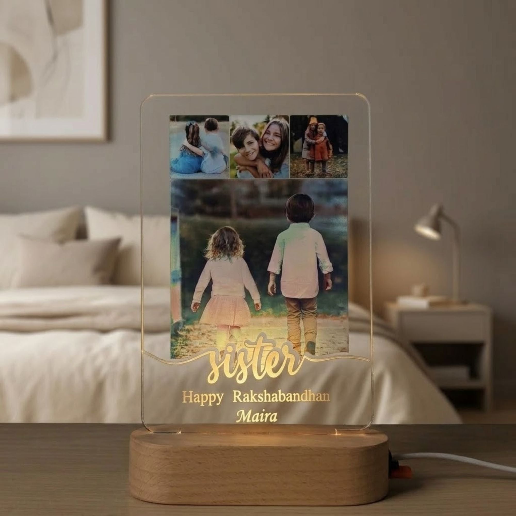 Shayona Gift Shop- Personalized LED Acrylic Photo Lamp for Sister | Rakshabandhan Gift with Custom Name & Photos