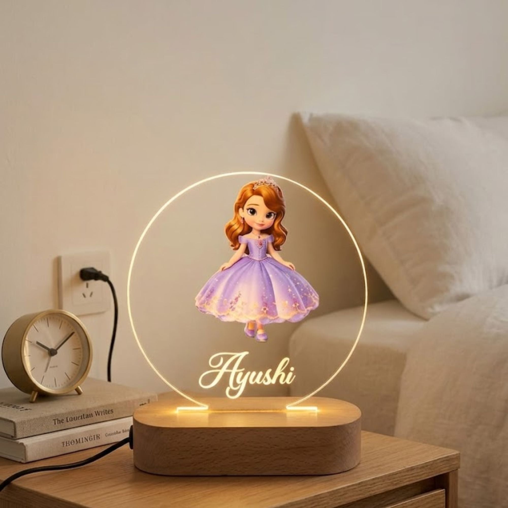 Shayona Gift Shop-Personalized Princess Night Light for Girls – Custom Name 3D LED Acrylic Bedside Lamp with Wooden Base, Warm Glowing Fairy Tale Desk Light for Kids Bedroom, Nursery Decor, Birthday & Baby Shower Gift