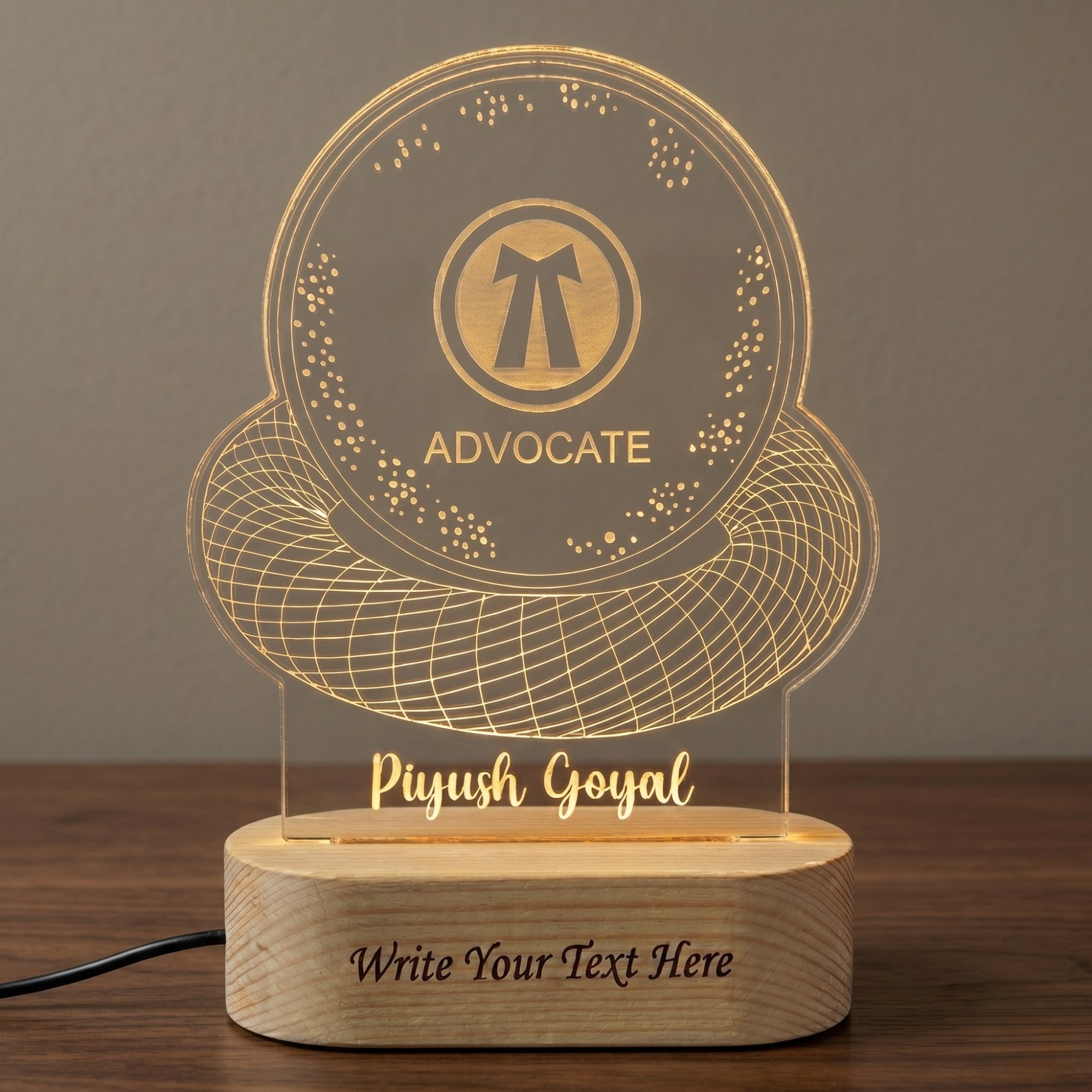 Shayona Gift Shop-Personalized Advocate LED Desk Lamp - Custom Engraved Lawyer Name Plate with Advocate Emblem & Wooden Lighted Base
