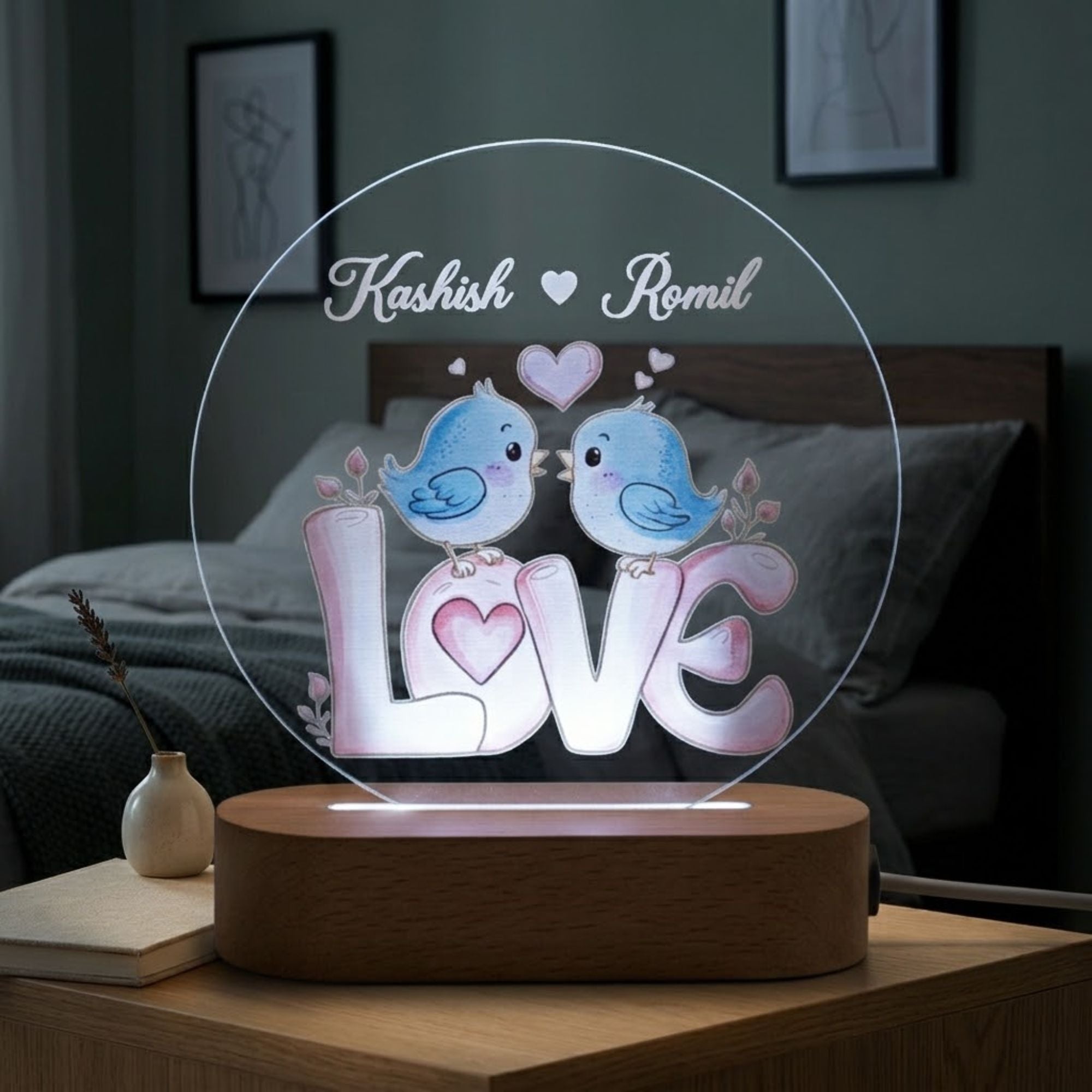Shayona Gift Shop-Personalized Love Bird LED Lamp | Custom Couple Name Acrylic Light | Romantic Gift with Wooden Base