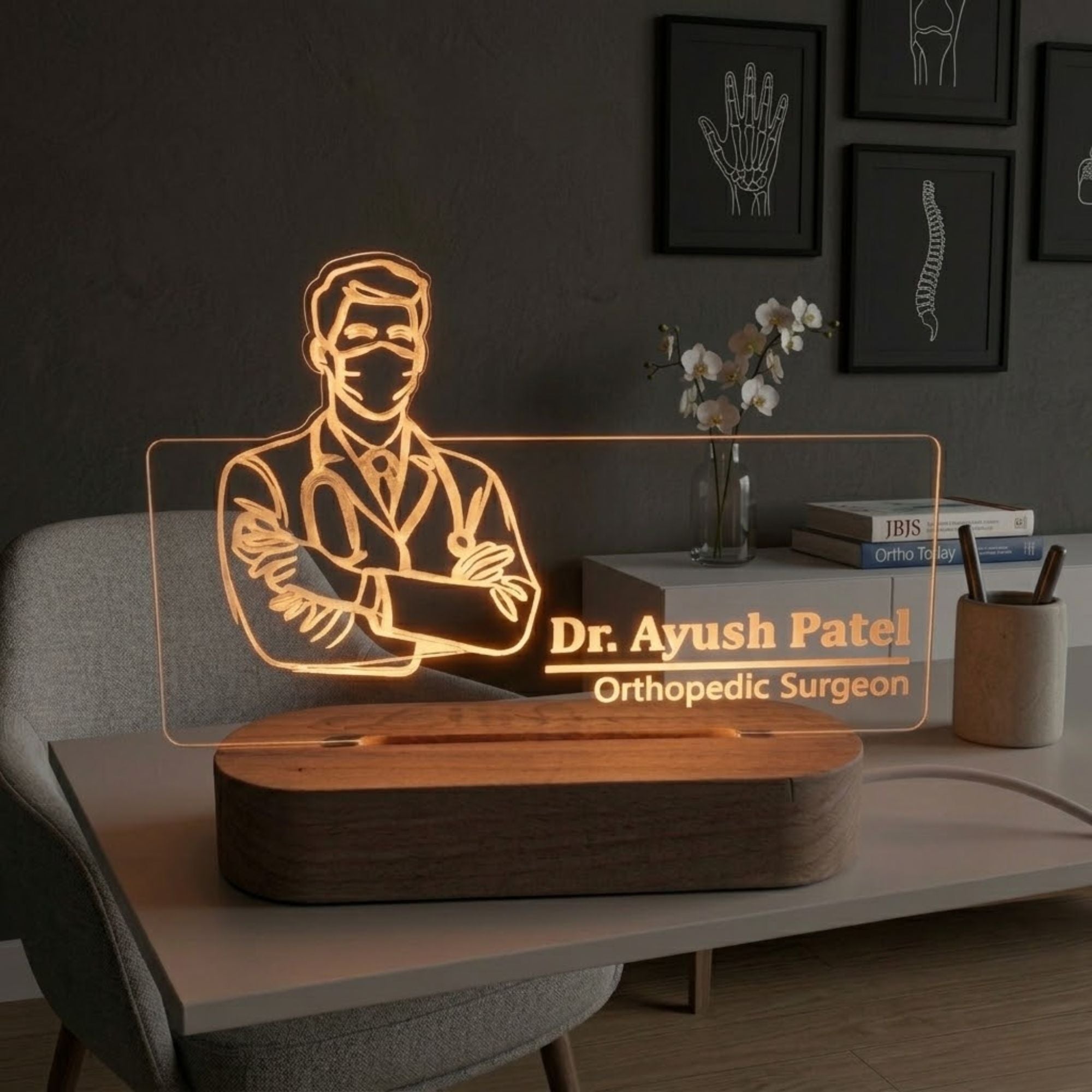 Shayona Gift Shop-Personalized Doctor Line Art Acrylic LED Name Plate Lamp | Custom Doctor Name & Specialization Engraved Desk Light with Wooden Base | Professional Gift for Doctors, Surgeons & Medical Graduates