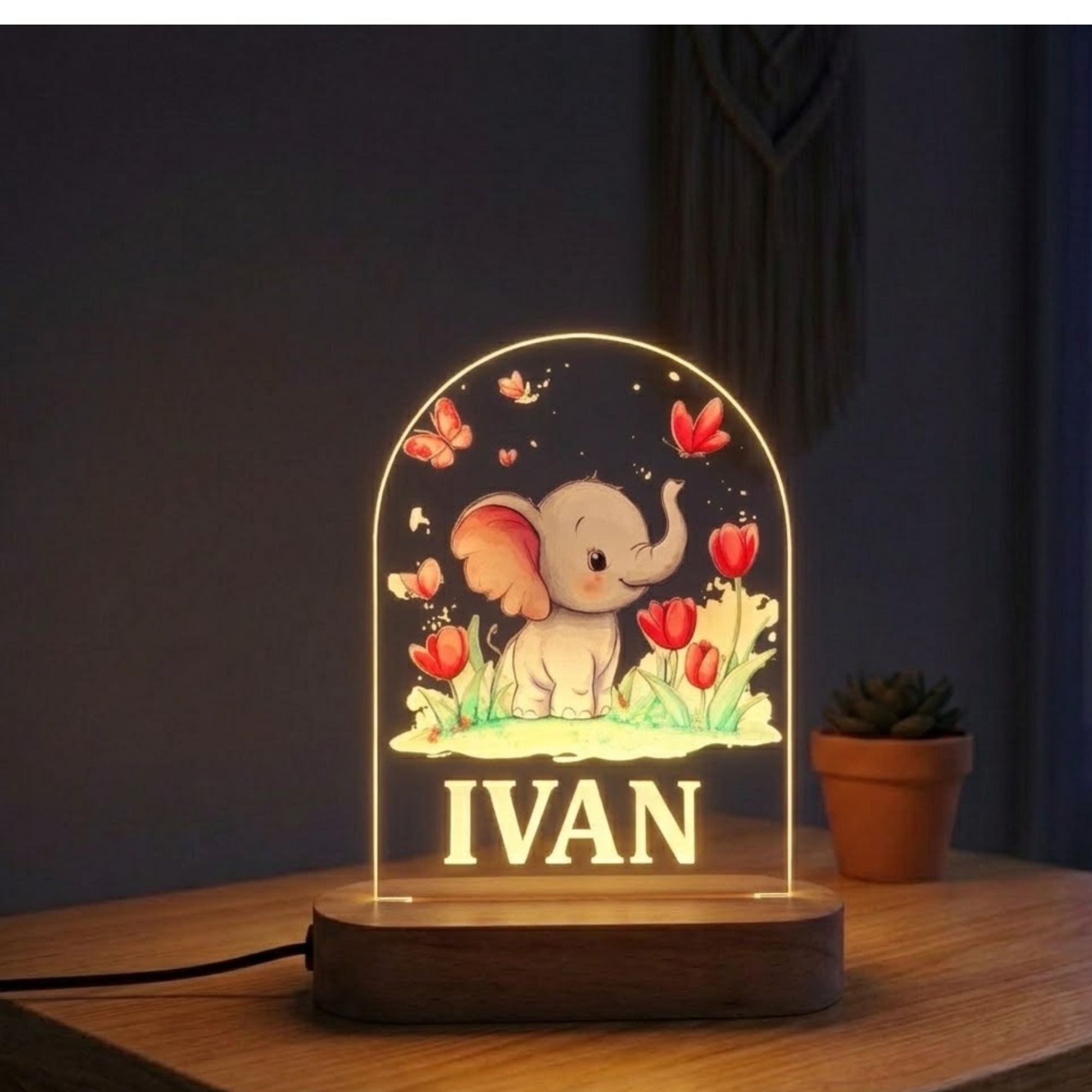 Custom Name Cartoon Elephant Arch Acrylic LED Lamp with Wooden Base | Personalized 3D Nightlight, Warm Bedside Table Decorative Light for Children’s Room, Unique New Born Gift