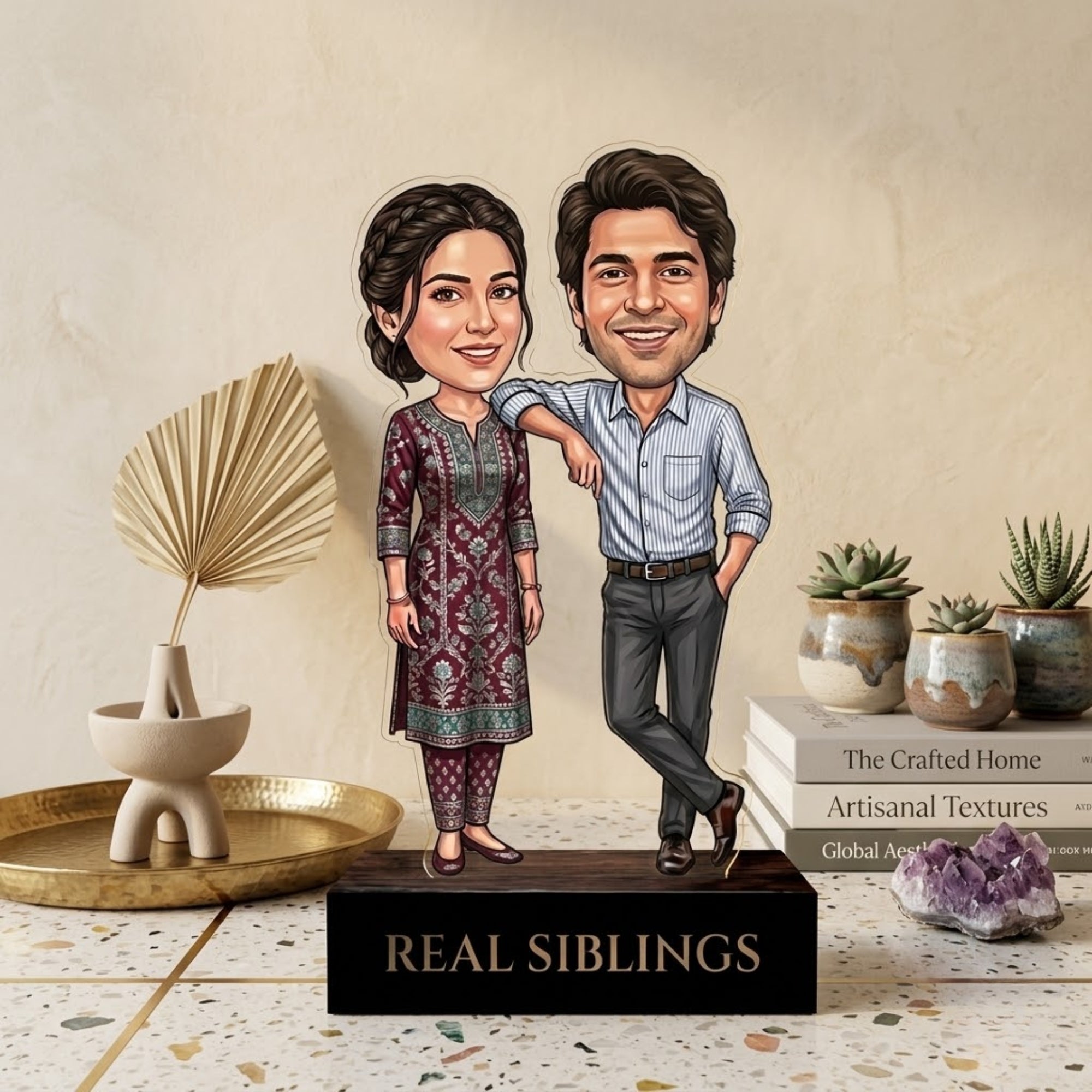 Shayona Gift Shop-Custom Rakhi Gift for Brother and Sister – Personalized Brother-Sister Caricature Cutout with Wooden Stand, Unique Raksha Bandhan Gift for Bhaiya Behen, Sibling