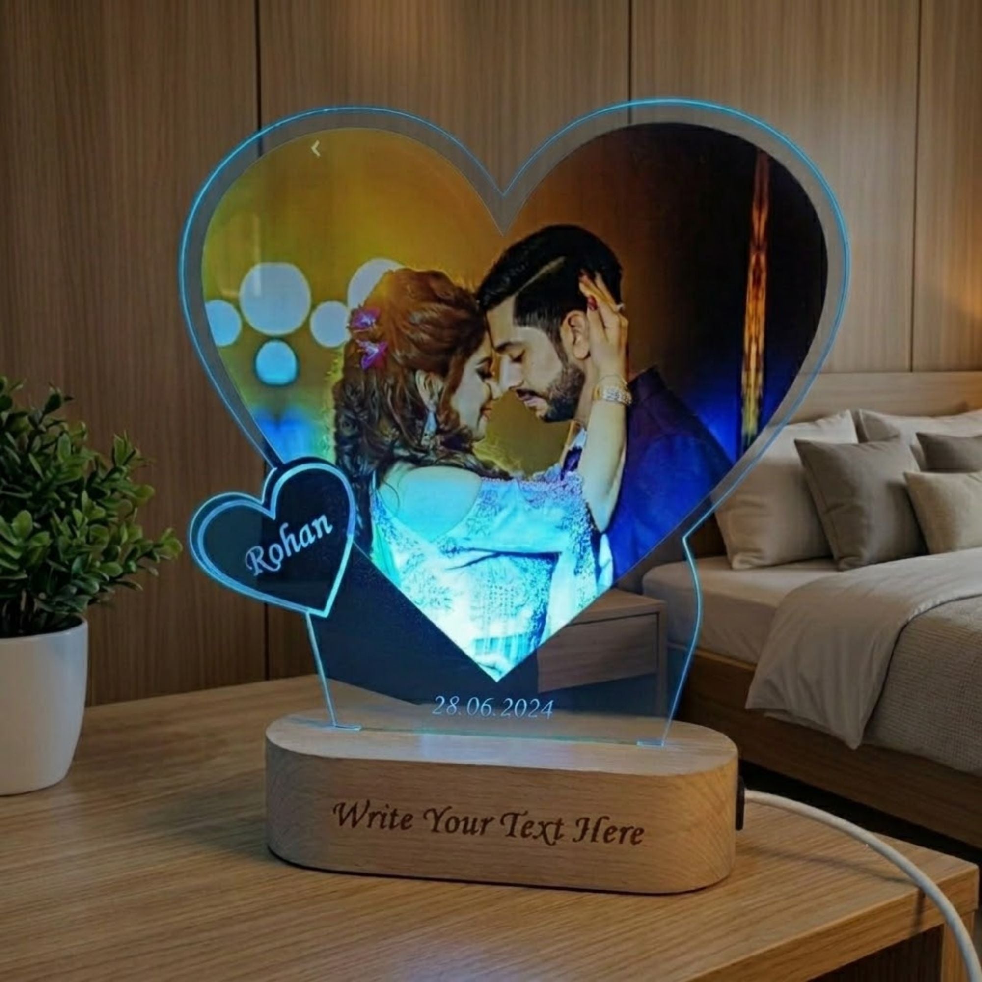 Shayona Gift Shop-Personalized Glowing Heart Photo Acrylic LED Lamp – Custom Couple Names & Wooden Base Engraved Night Light Keepsake
