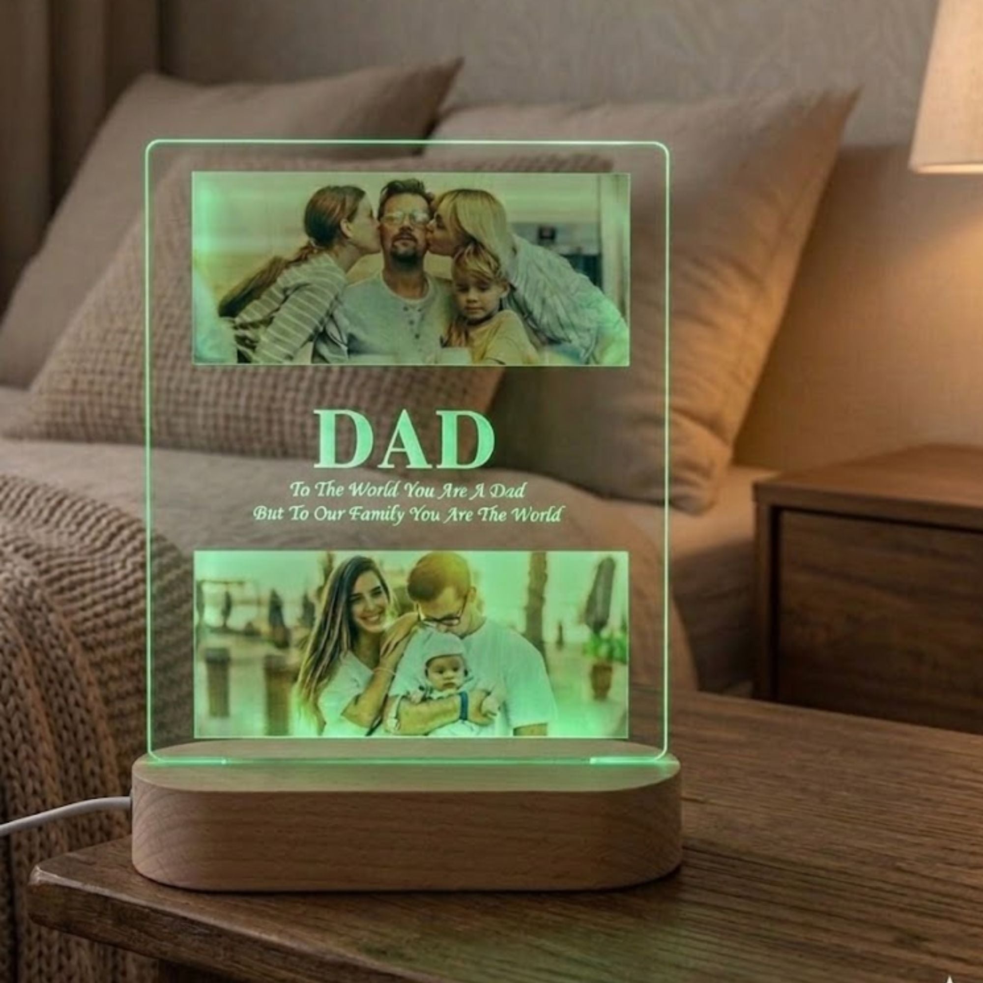Shayona Gift Shop-Personalized LED Acrylic Photo Frame for Dad | Double Photo | Wooden Base | Warm Light Gift for Father’s Day & Birthday