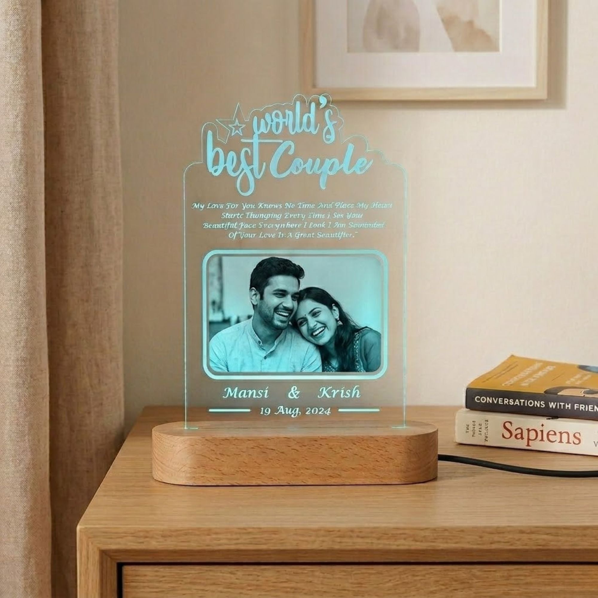 Shayona Gift Shop -Acrylic LED Photo Lamp with Engraved Quote, Custom Names & Date – RGB Remote Control Night Light Gift for Anniversary & Valentine's Day  Product Description