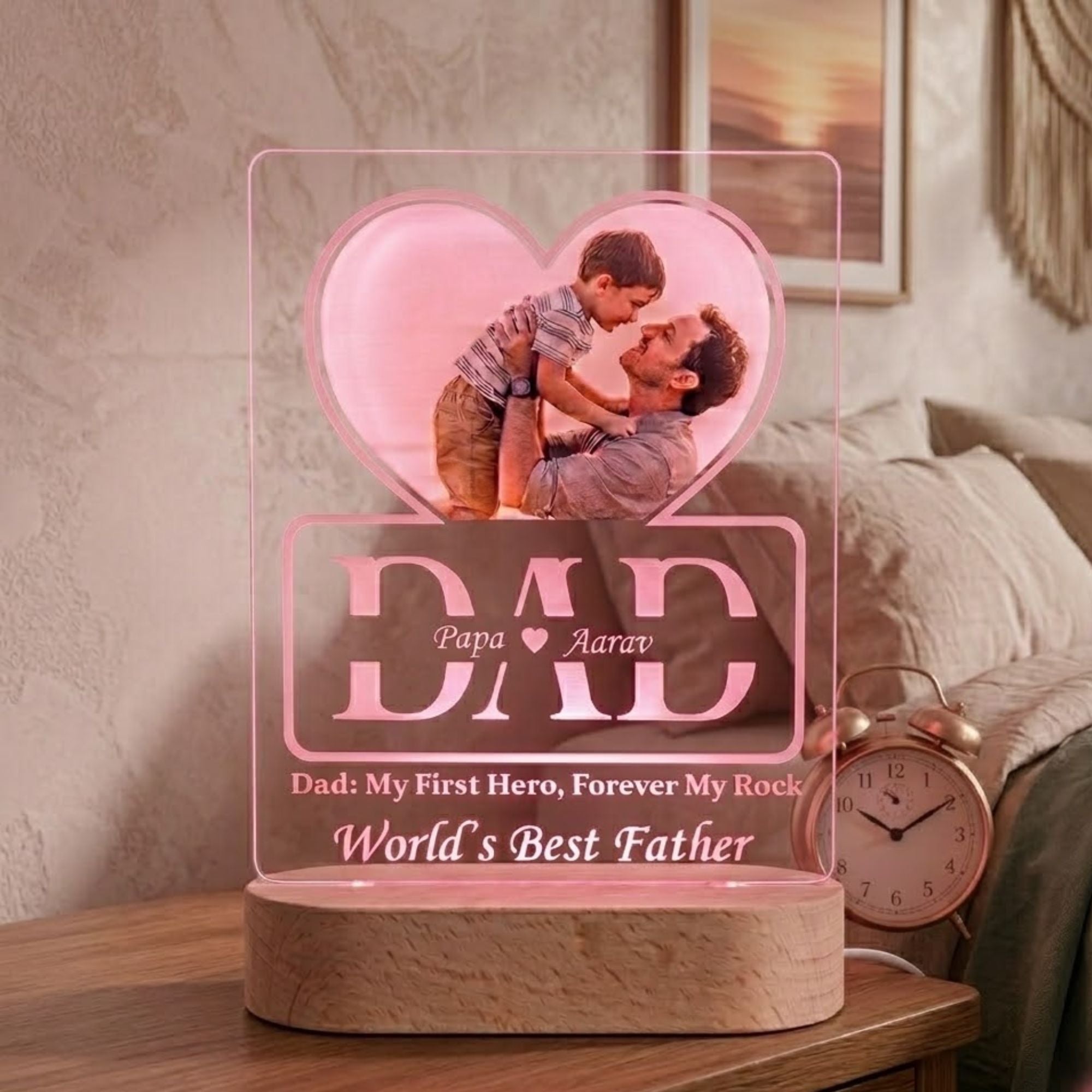 Shayona Gift Shop-Customized LED Acrylic Lamp with Dad Photo & Names | “World’s Best Father” Gift | Heart Design with Engraving | Father's Day/Birthday Gift