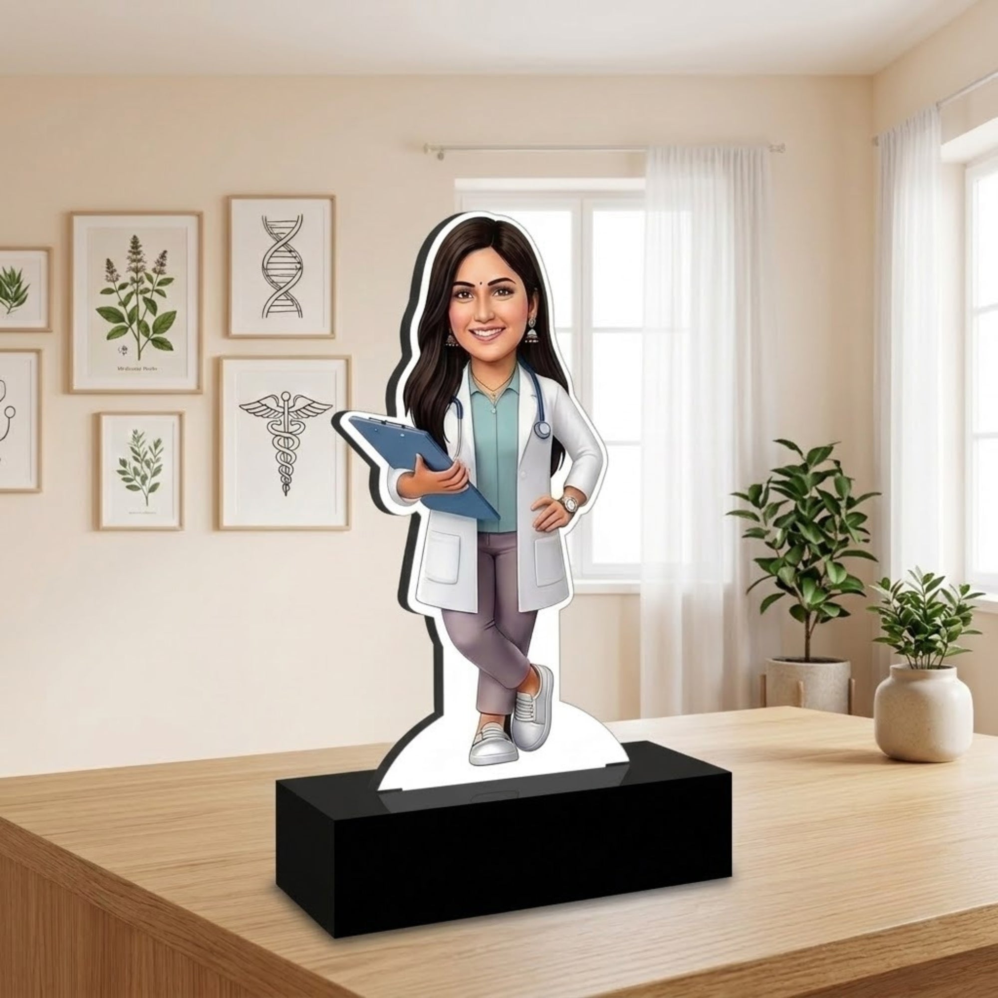 Shayona Gift Shop-Personalized Female Doctor Caricature Standee with Name Plate | Custom Photo Gift for Lady Doctor, Medical Student & Graduation