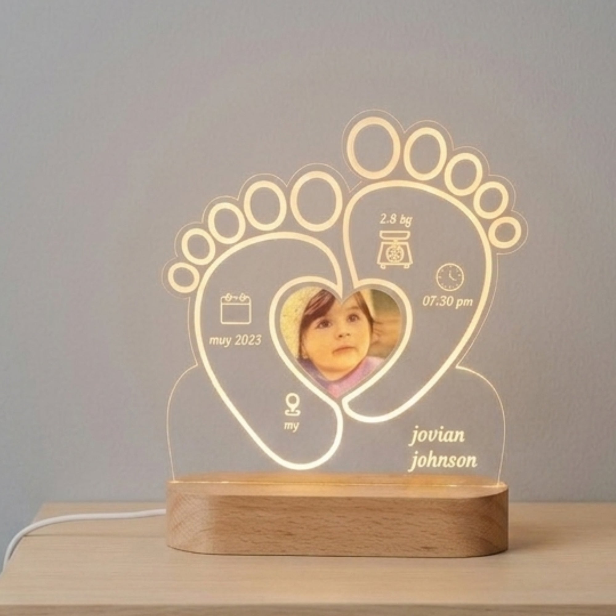 Shayona Gift Shop-Personalized Baby Birth Stats Night Light | Custom Newborn Footprint Acrylic Lamp with Photo | Nursery Decor Gift