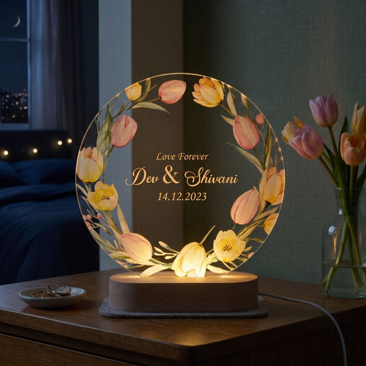 Shayona Gift Shop-Personalized LED Acrylic Night Lamp with Wooden Base | Custom Name & Date | Romantic Gift for Couples, Anniversary, or Wedding – Floral Design