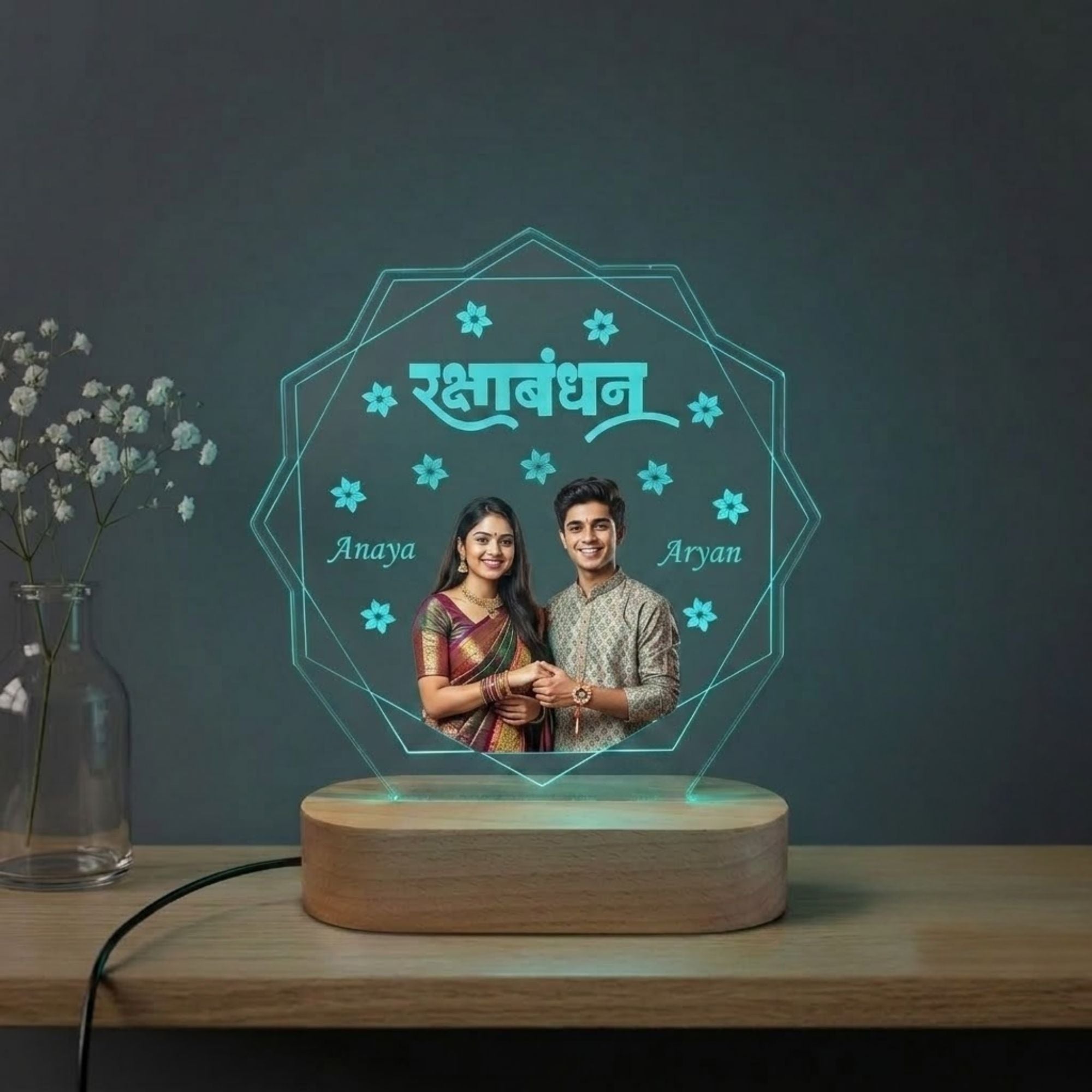 Shayona Gift Shop-Personalized Rakshabandhan Photo Acrylic LED Lamp with Wooden Base – Custom Brother Sister Photo Geometric Light Plaque for Rakhi, Birthday & Keepsake Gift