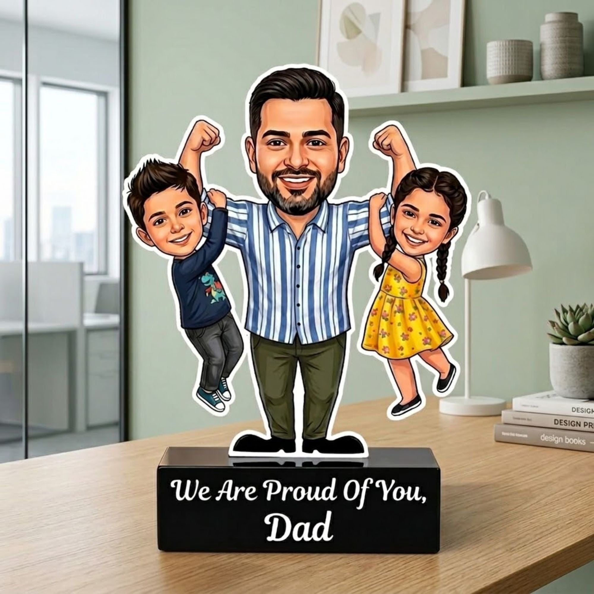 Shayona Gift Ship-Personalized Superhero Dad Caricature Stand | Custom Father’s Day Gift from Daughter and Son | 3D Custom Portrait Acrylic Trophy Table Decor for Office and Home