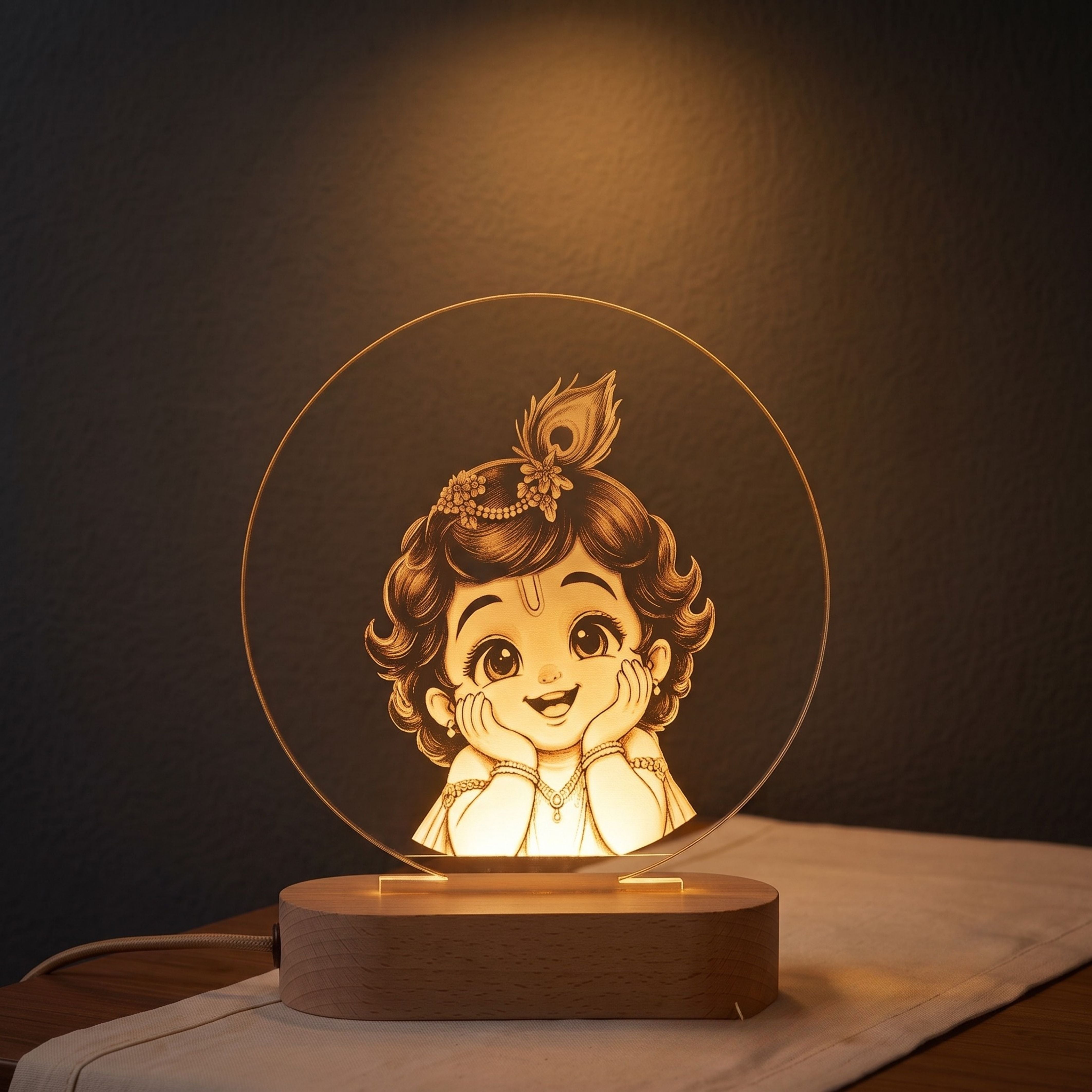 Shayona Gift Shop-Cute Bal Krishna LED Night Lamp with Wooden Base | 3D Acrylic Table Lamp | Spiritual Home Decor & Gift