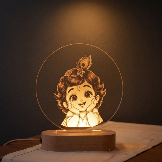 Shayona Gift Shop-Cute Bal Krishna LED Night Lamp with Wooden Base | 3D Acrylic Table Lamp | Spiritual Home Decor & Gift
