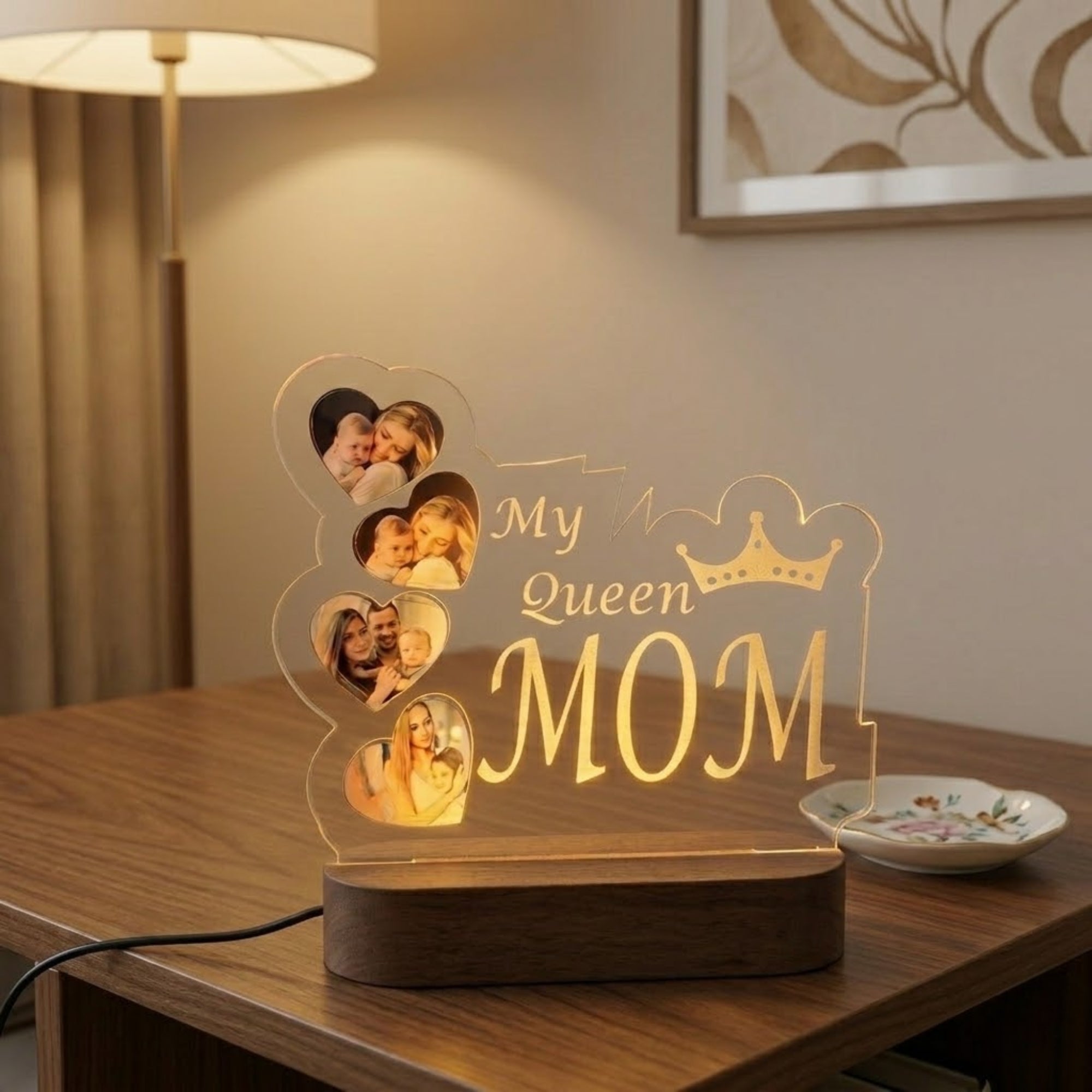 Shayona Gift Shop- Personalized "My Queen Mom" Photo Night Light | Custom 4-Photo Heart Collage Acrylic Lamp | Mother's Day Gift