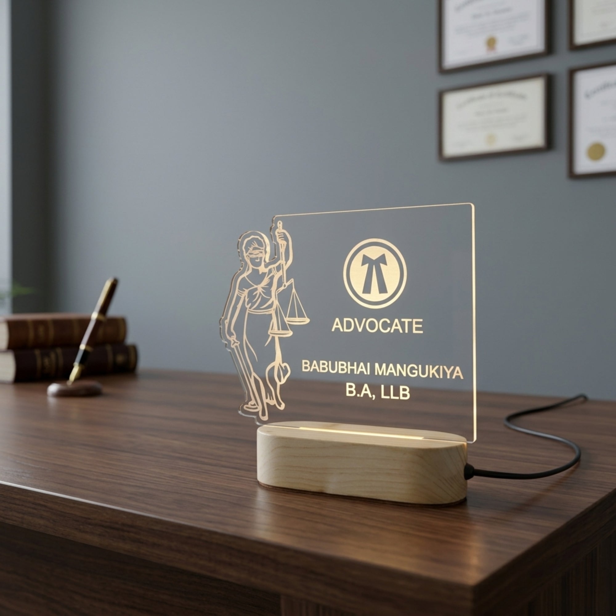 Shayona Gift Shop-Custom Engraved Lawyer LED Desk Lamp with Lady Justice - Personalized Law Degree & Advocate Gift