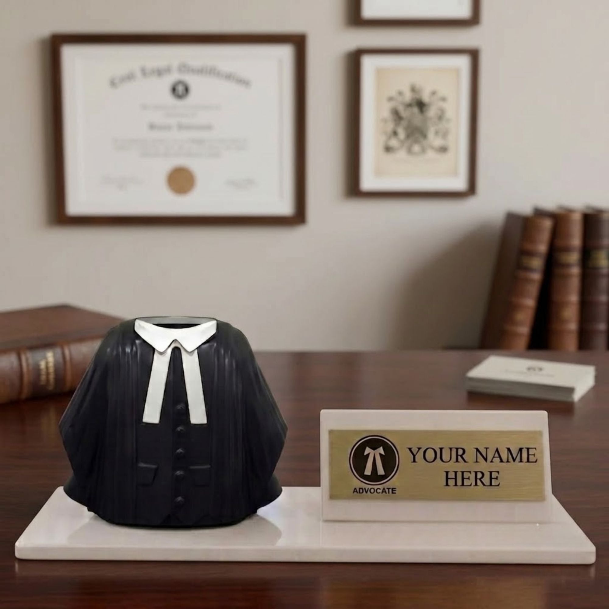 Shayona Gift Shop-Personalized Advocate Desk Name Plate with Lawyer Coat Pen Holder White color | Custom Name Plate for Lawyers | Office Table Gift
