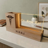 Shayona Gift Shop-Personalized Wooden Desk Organizer with LED Acrylic Doctor Nameplate & Pen Stand