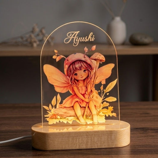 Custom Name Cute Fairy & Mushroom Arch Acrylic LED Lamp with Wooden Base | Personalized 3D Nightlight, Warm Bedside Table Decorative Light for Children’s Room, Unique Birthday Gift