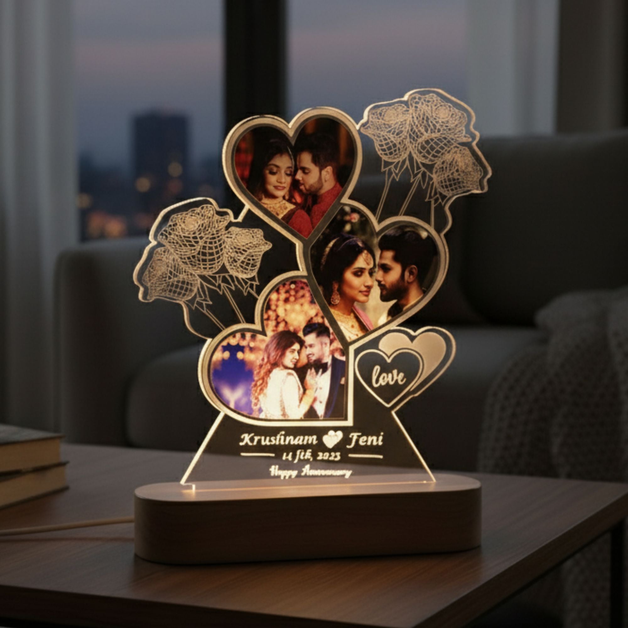 Shayona Gift Shop- Customized LED Acrylic Photo Lamp with Name & Date | Heart-Shaped Design with Roses | Anniversary, Wedding, Valentine Gift for Couples