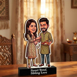 Shayona Gift Shop Personalized Raksha Bandhan Caricature Stand | Brother & Sister Rakhi Gift Tabletop Decor | "Sweet Bond, Sibling Love" Wooden Plaque