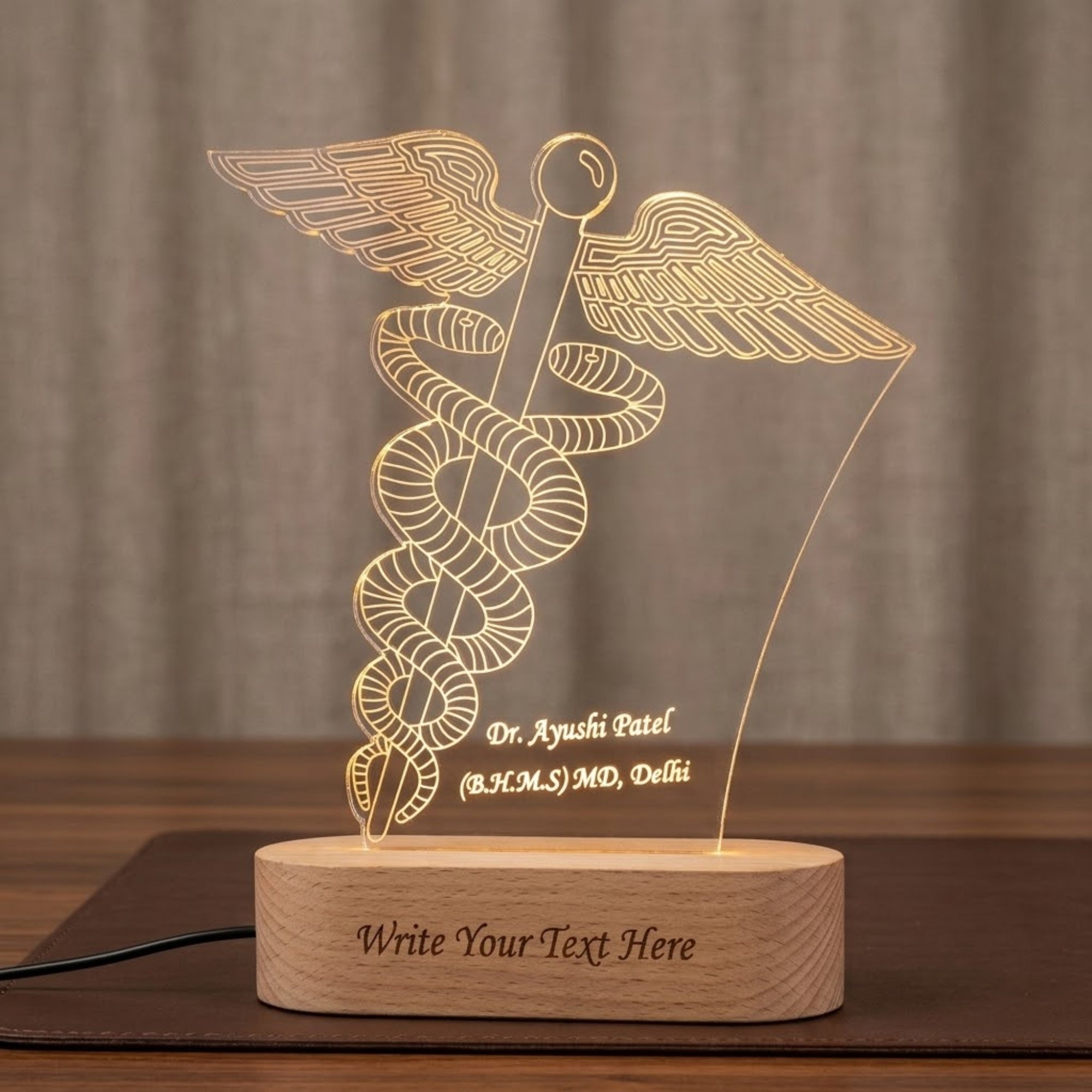 Shayona Gift Shop-Personalized Caduceus Medical Symbol 3D LED Night Light | Custom Doctor Name & Degree Engraved Acrylic Desk Lamp with Wooden Base | Unique Gift for Doctors, Surgeons & Medical Students