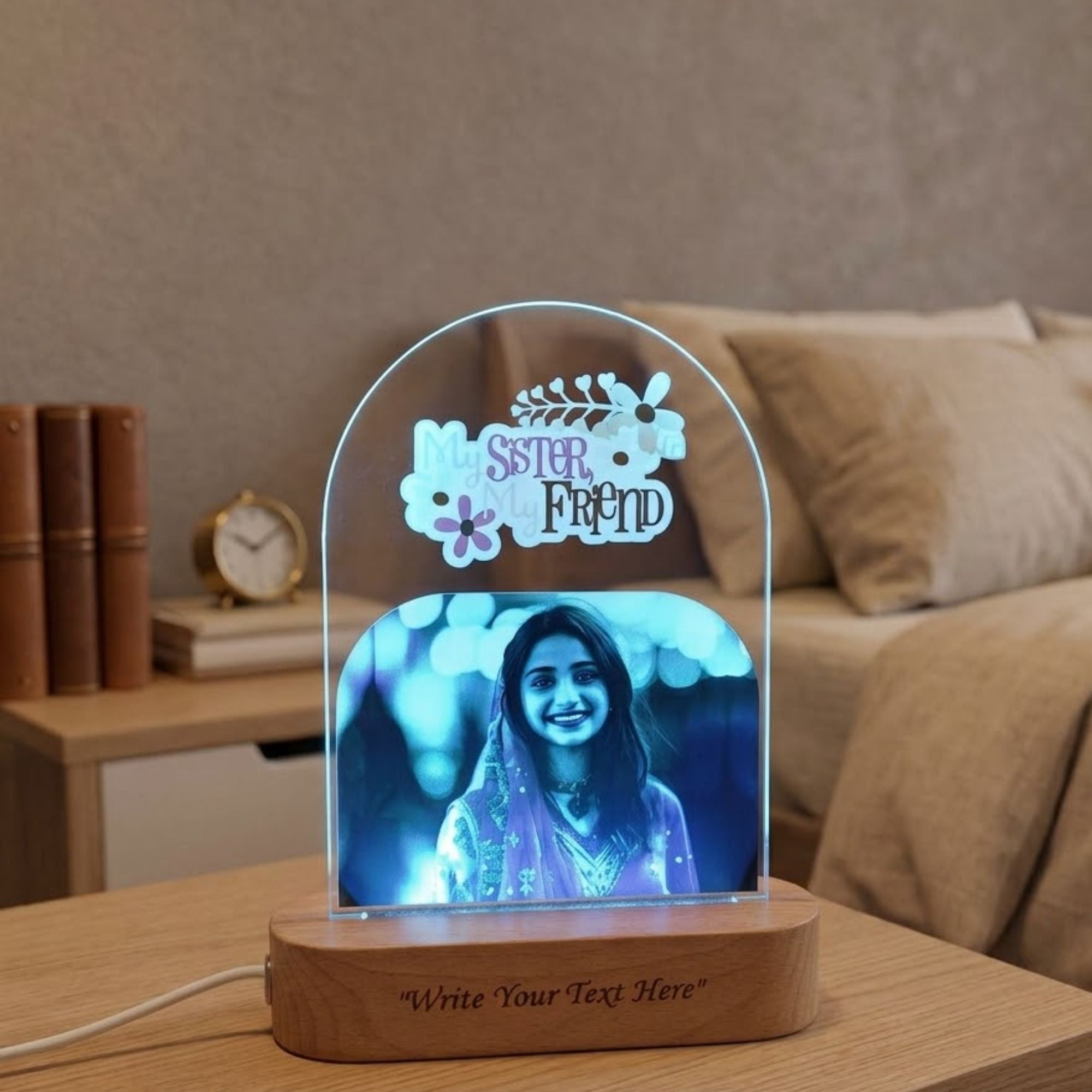 Shayona Gift Shop-Personalized Acrylic LED Photo Frame Light - Night Lamp with Wooden Base & Custom Engraving