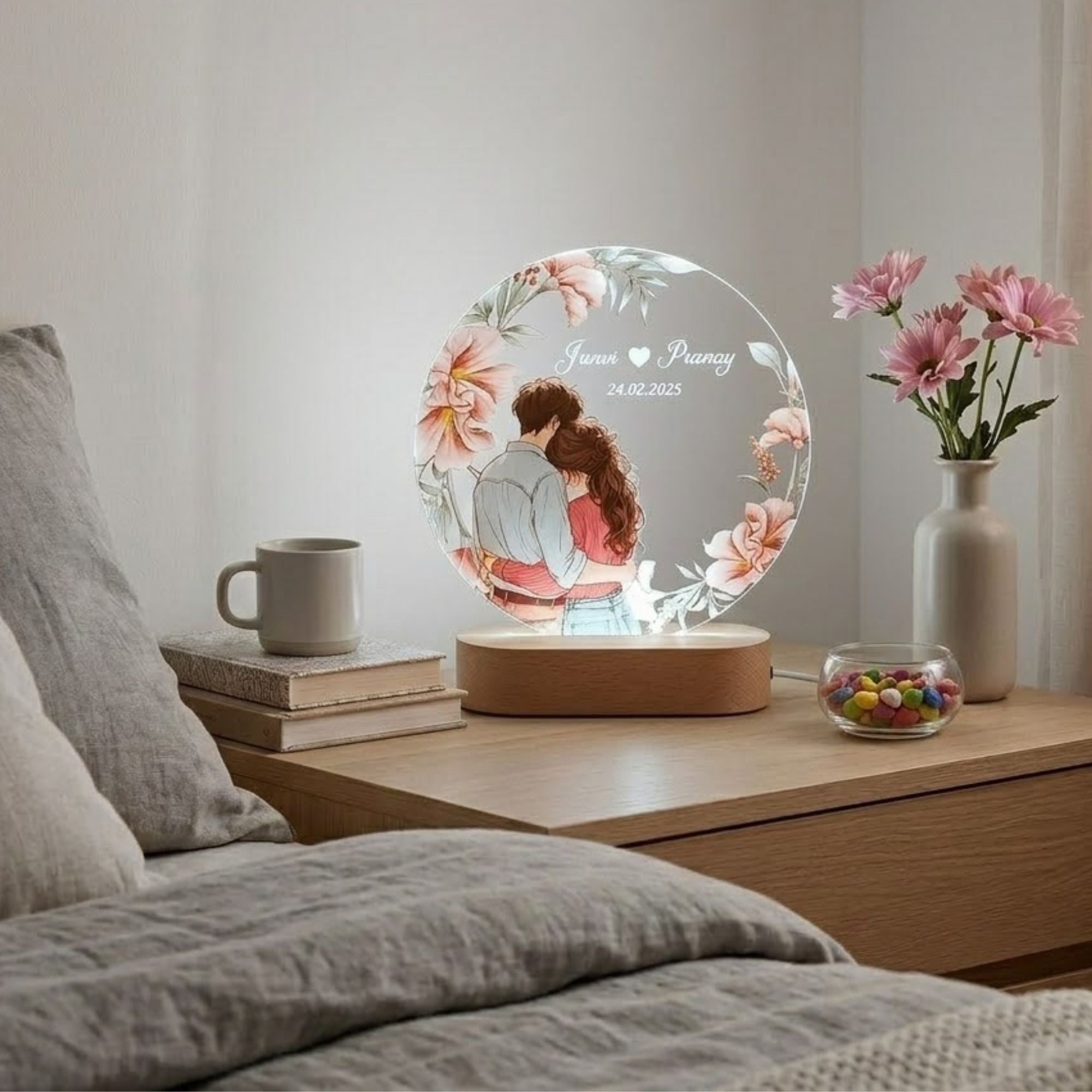 Shayona Gift Shop-Personalized LED Round Acrylic Lamp for Couple | Custom Name & Date | Romantic Gift with Wooden Base