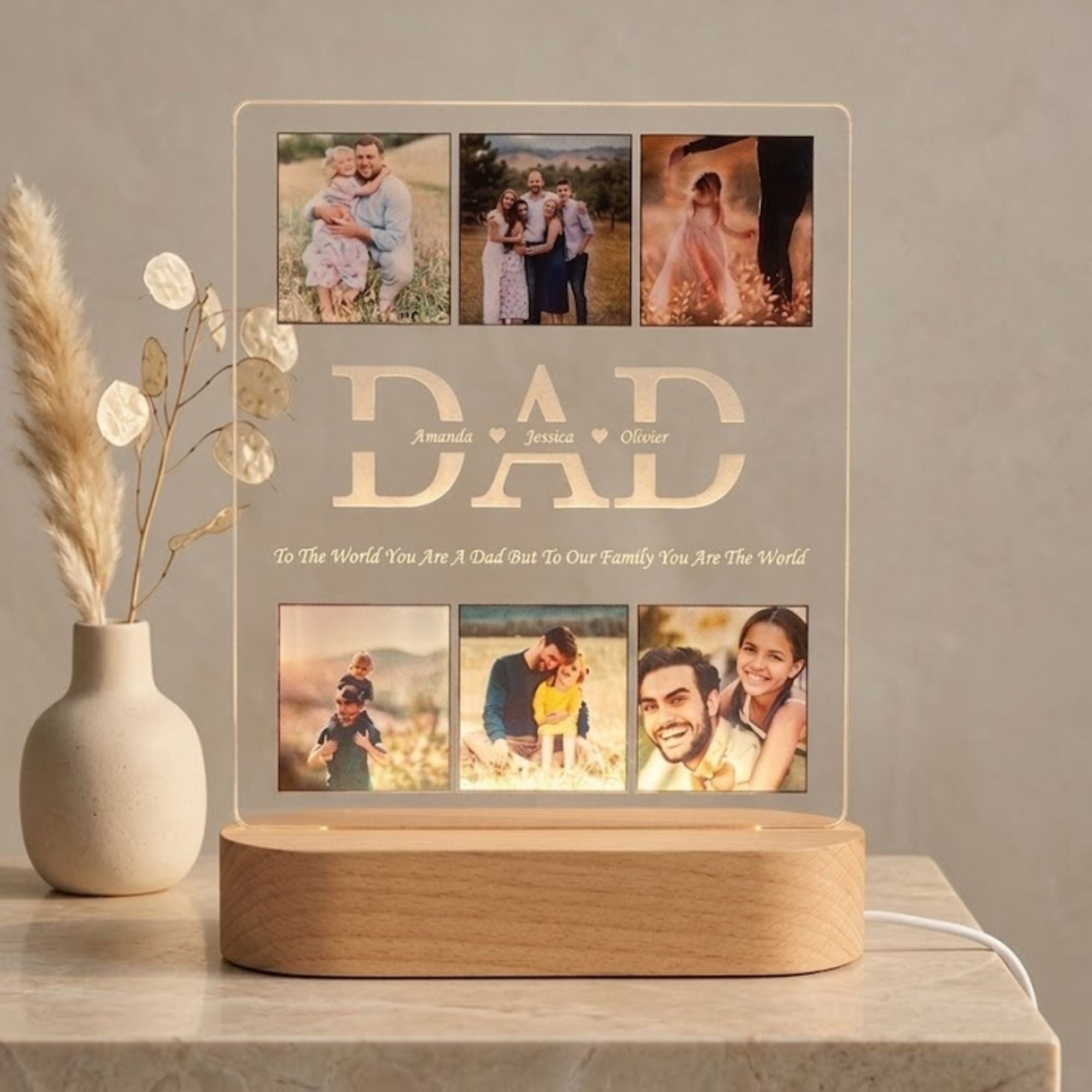 Shayona Gift Shop-Personalized Dad Photo Grid Acrylic LED Night Light | Custom Father's Day Photo Frame Lamp with Children's Names & Wooden Base | Meaningful Gift for Dad & Husband