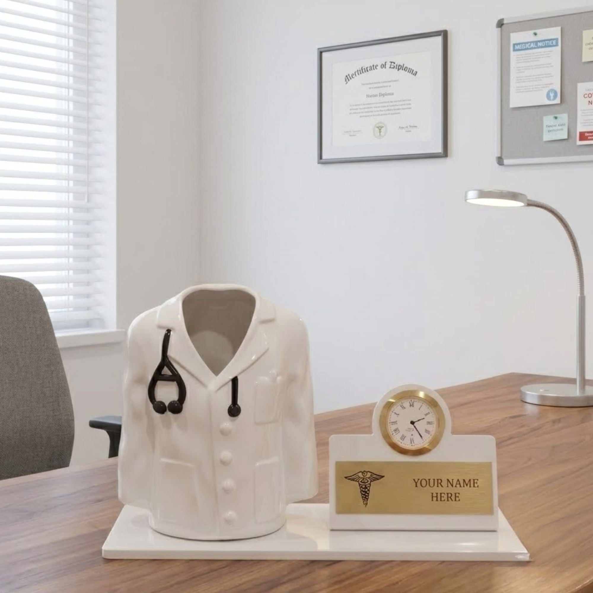 Shayona Gift Shop-Personalized Doctor Desk Name Plate with Clock & Coat Pen Holder White Color| Custom Medical Office Desk Organizer | Doctor Gift Item