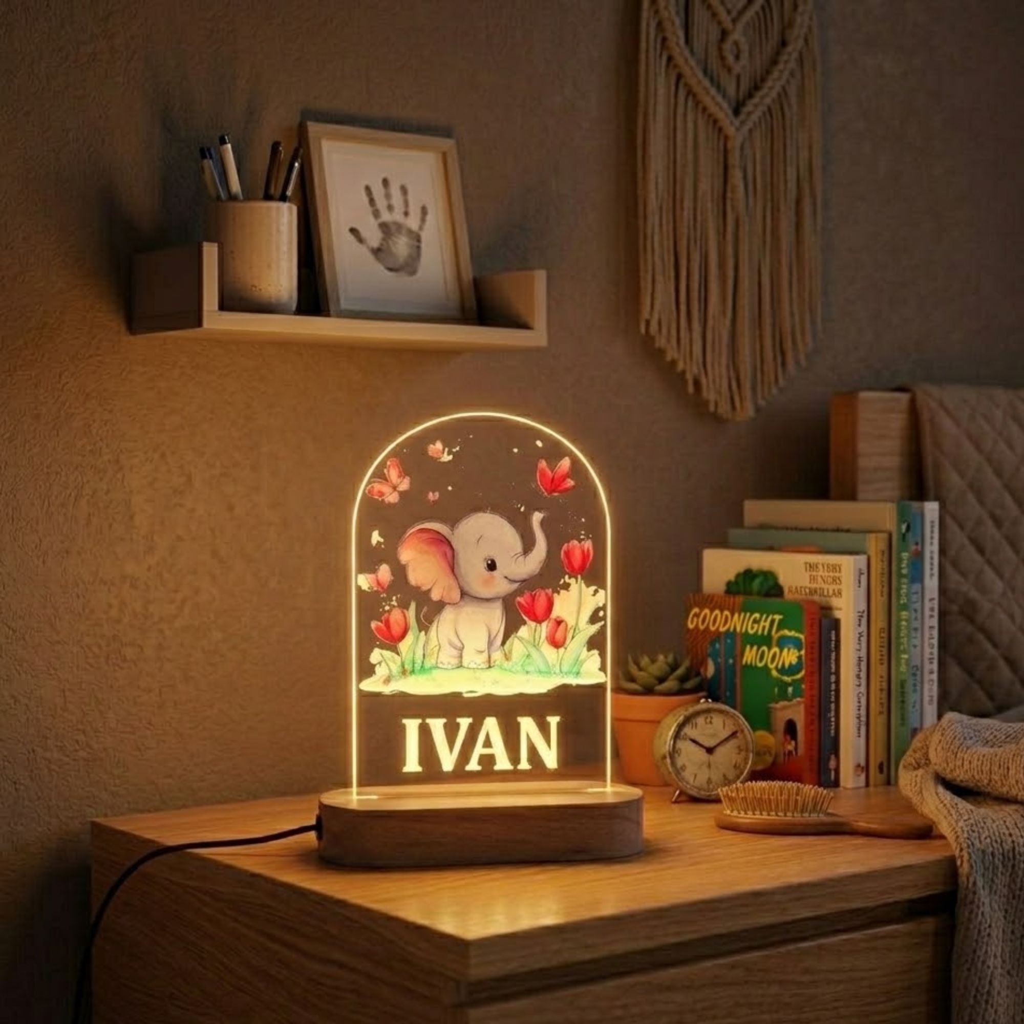 Custom Name Cartoon Elephant Arch Acrylic LED Lamp with Wooden Base | Personalized 3D Nightlight, Warm Bedside Table Decorative Light for Children’s Room, Unique New Born Gift